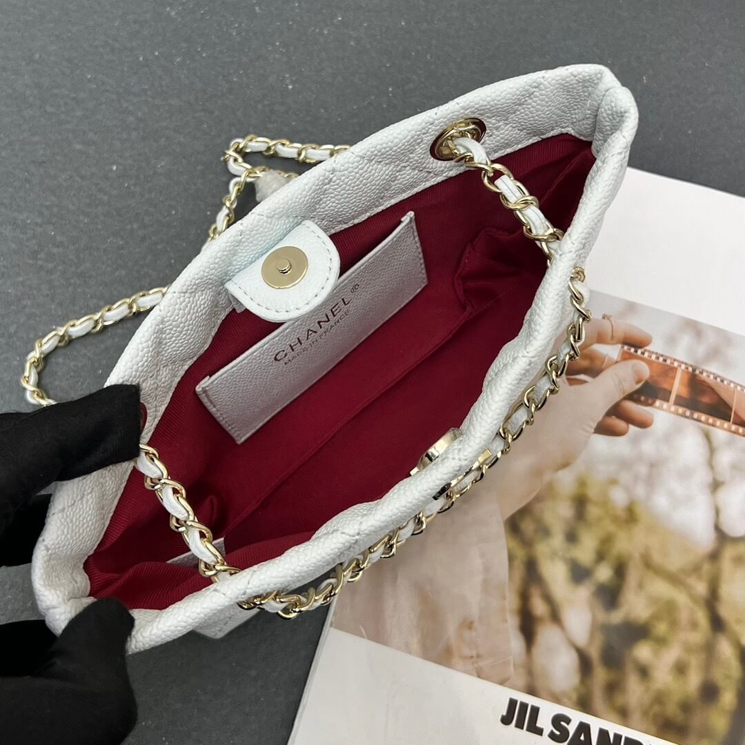 Chanel White Caviar Quilted Mini Shopping Tote Bag with Gold-Tone Hardware. - Image 8