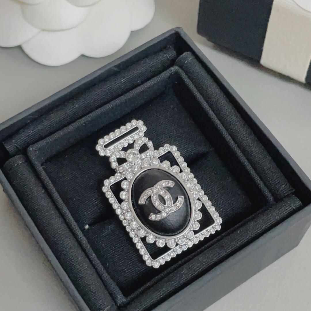 Chanel No. 5 Bottle Brooch in Silver with Crystal Frame & CC Logo Detail