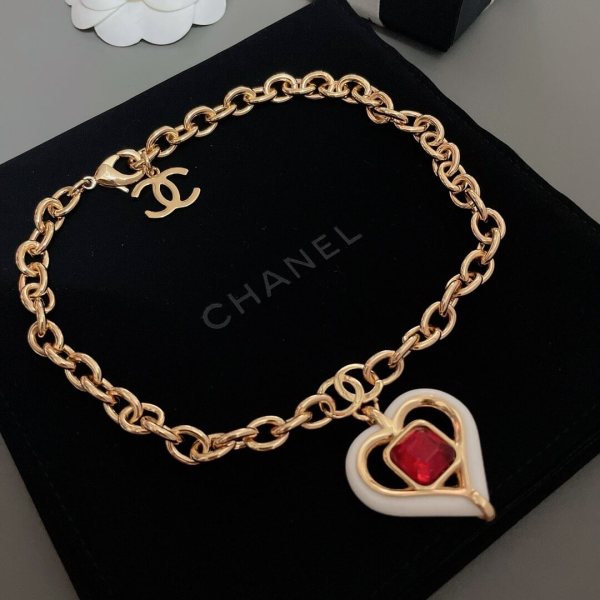 Chanel Heart Pendant Link Necklace in Gold with White Enamel & Red Crystal Accent