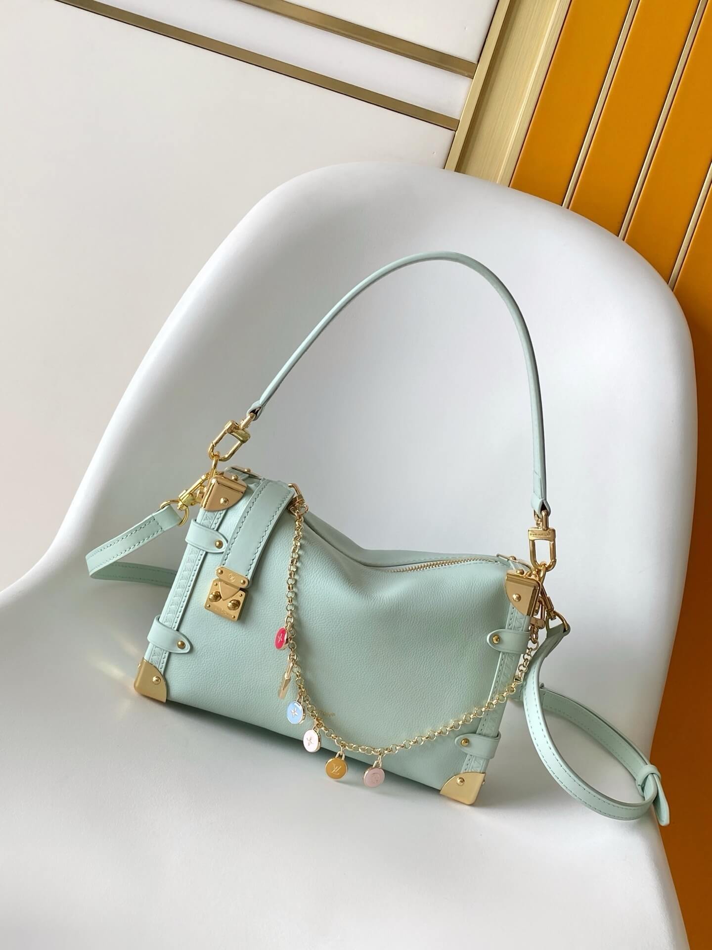 Louis Vuitton Side Trunk PM Mint Green Taurillon Leather Bag with Multicolored Charm Chain