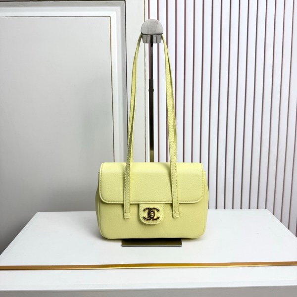 Vintage Chanel Light Yellow Caviar Leather CC Logo Turnlock Shoulder Bag