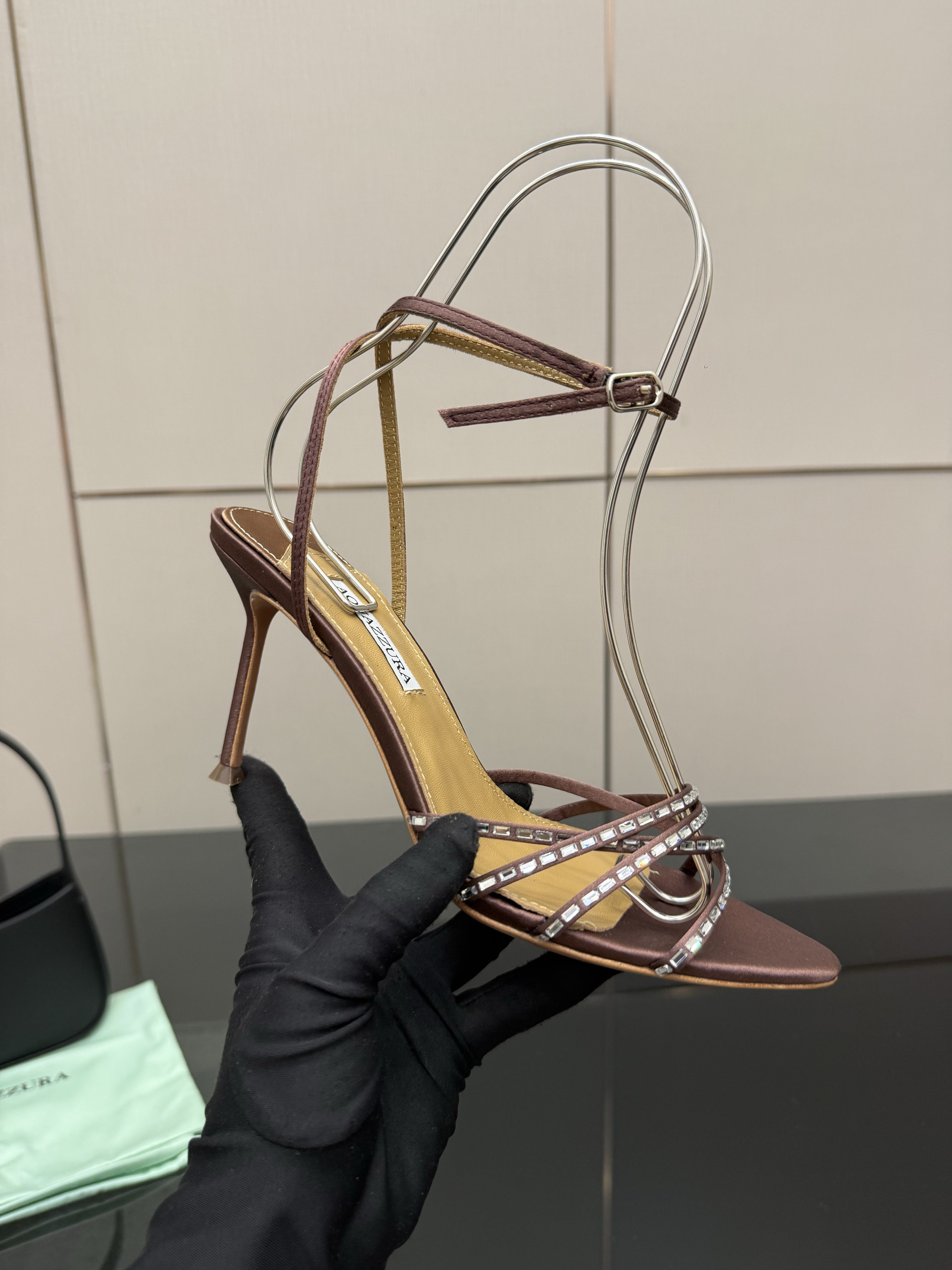 Aquazzura Brown Crystal Strap Satin Heels - Image 4