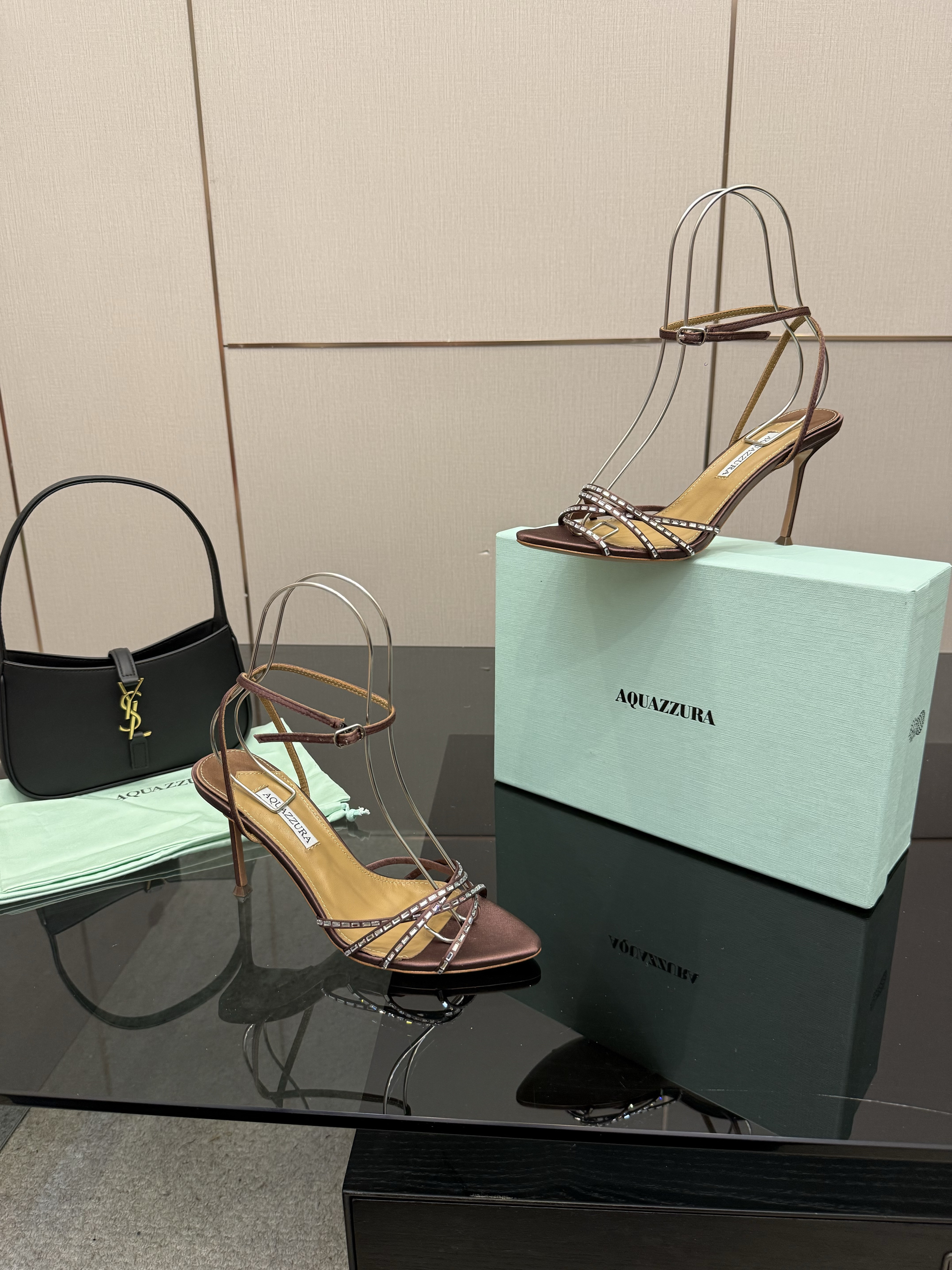 Aquazzura Brown Crystal Strap Satin Heels - Image 5