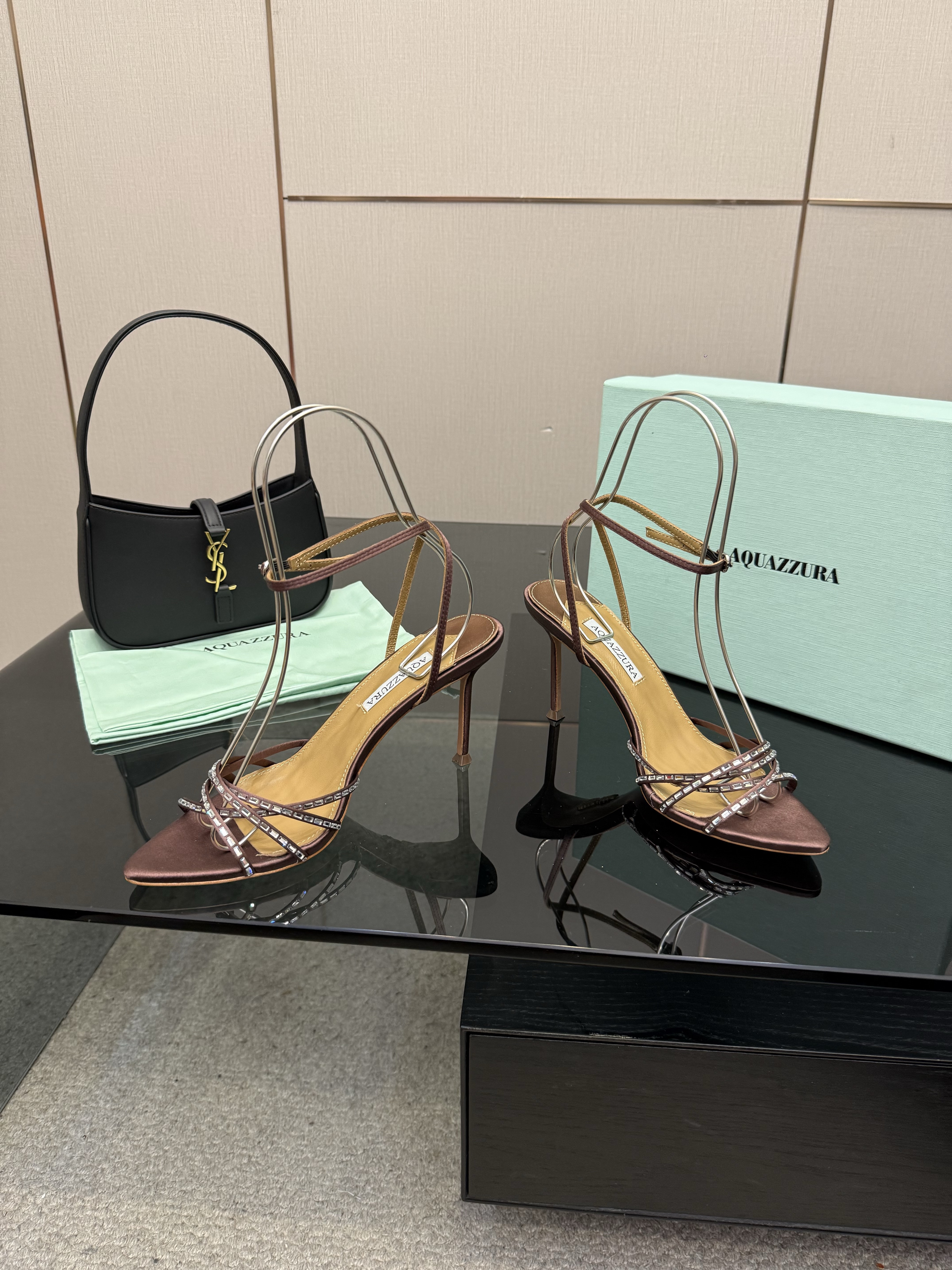 Aquazzura Brown Crystal Strap Satin Heels