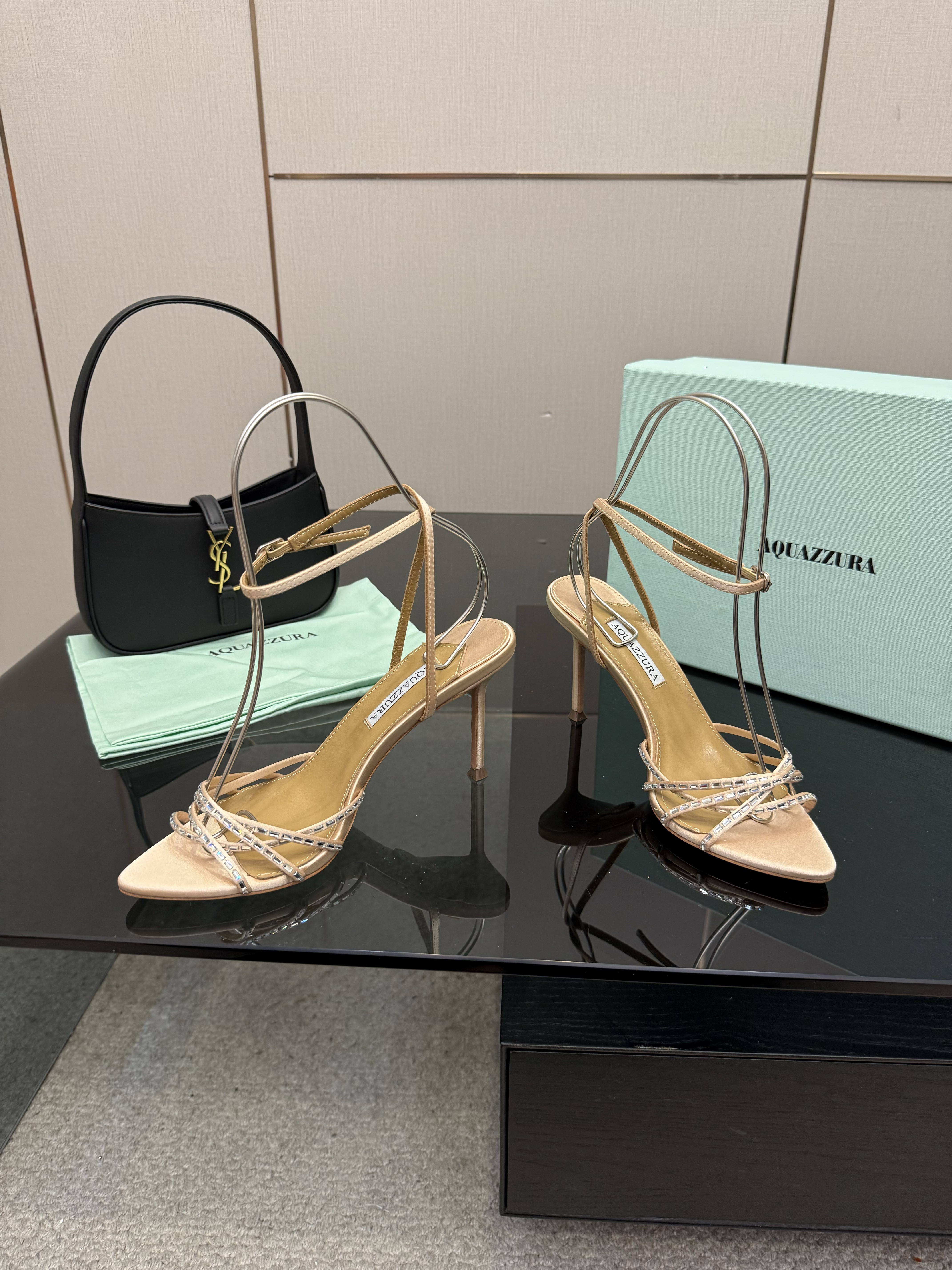 Aquazzura Champagne Crystal Strap Satin Heels