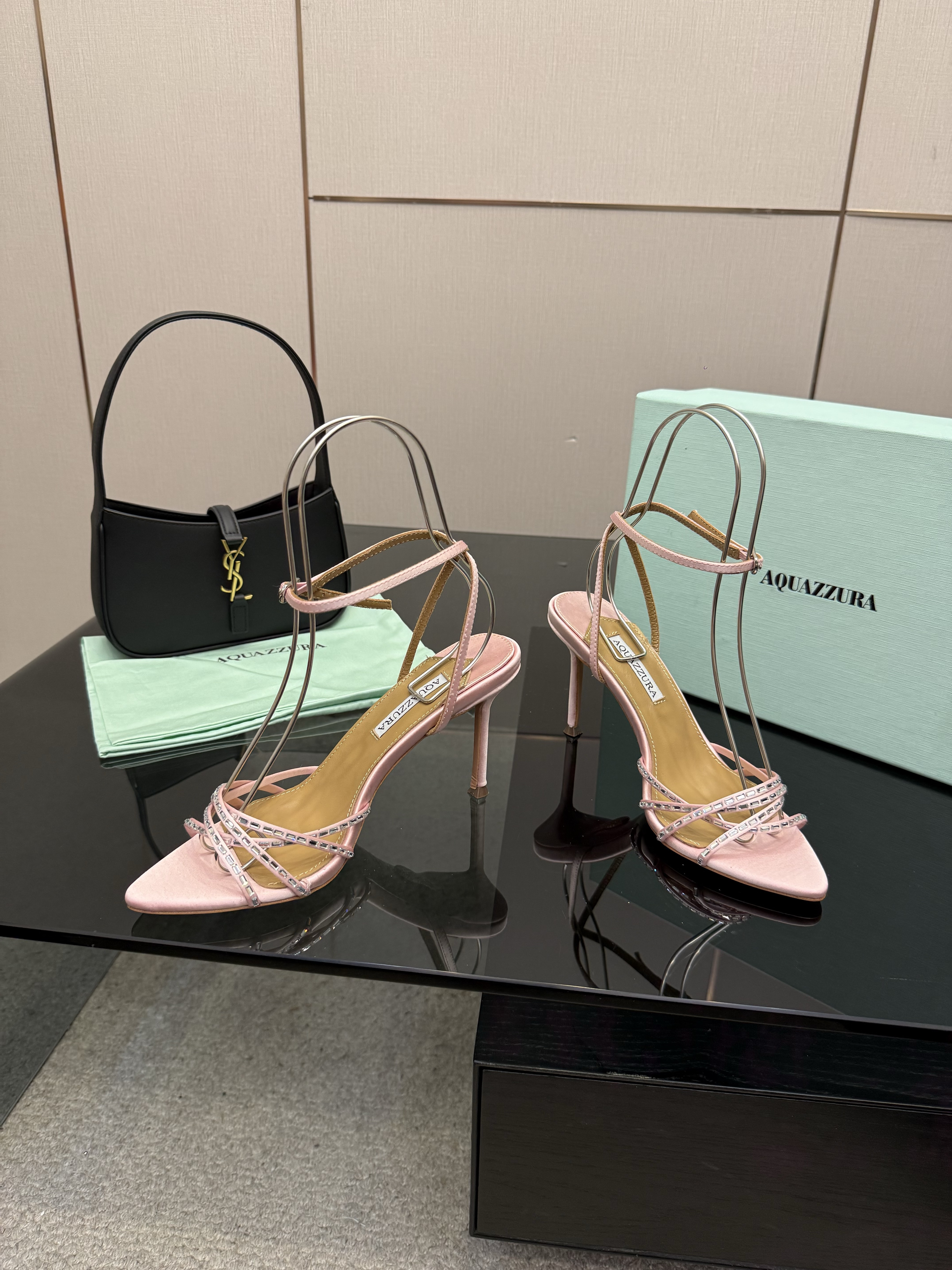 Aquazzura Pink Crystal Strap Satin Heels