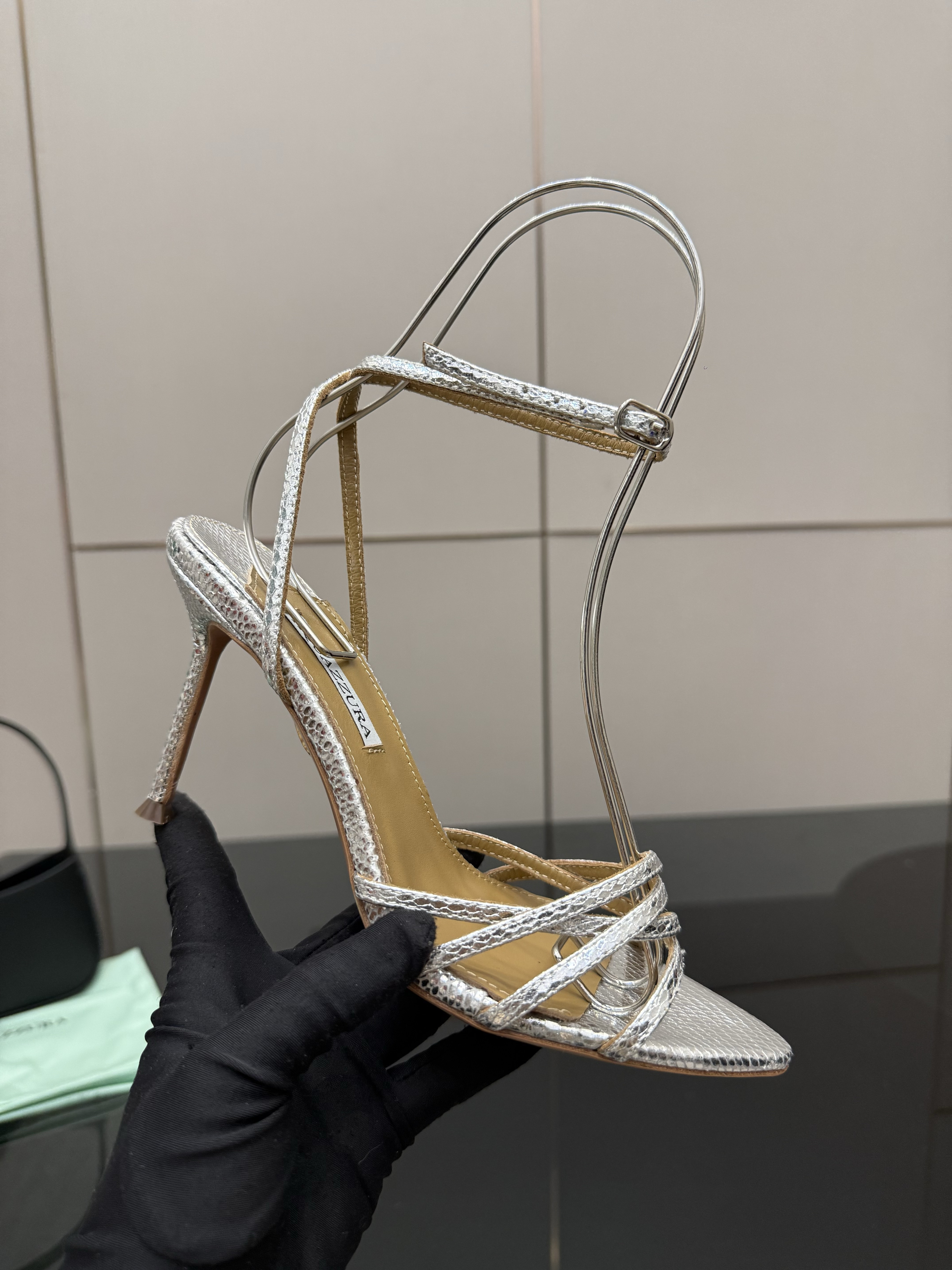 Aquazzura Silver Metallic Strappy Stiletto Sandals - Image 4
