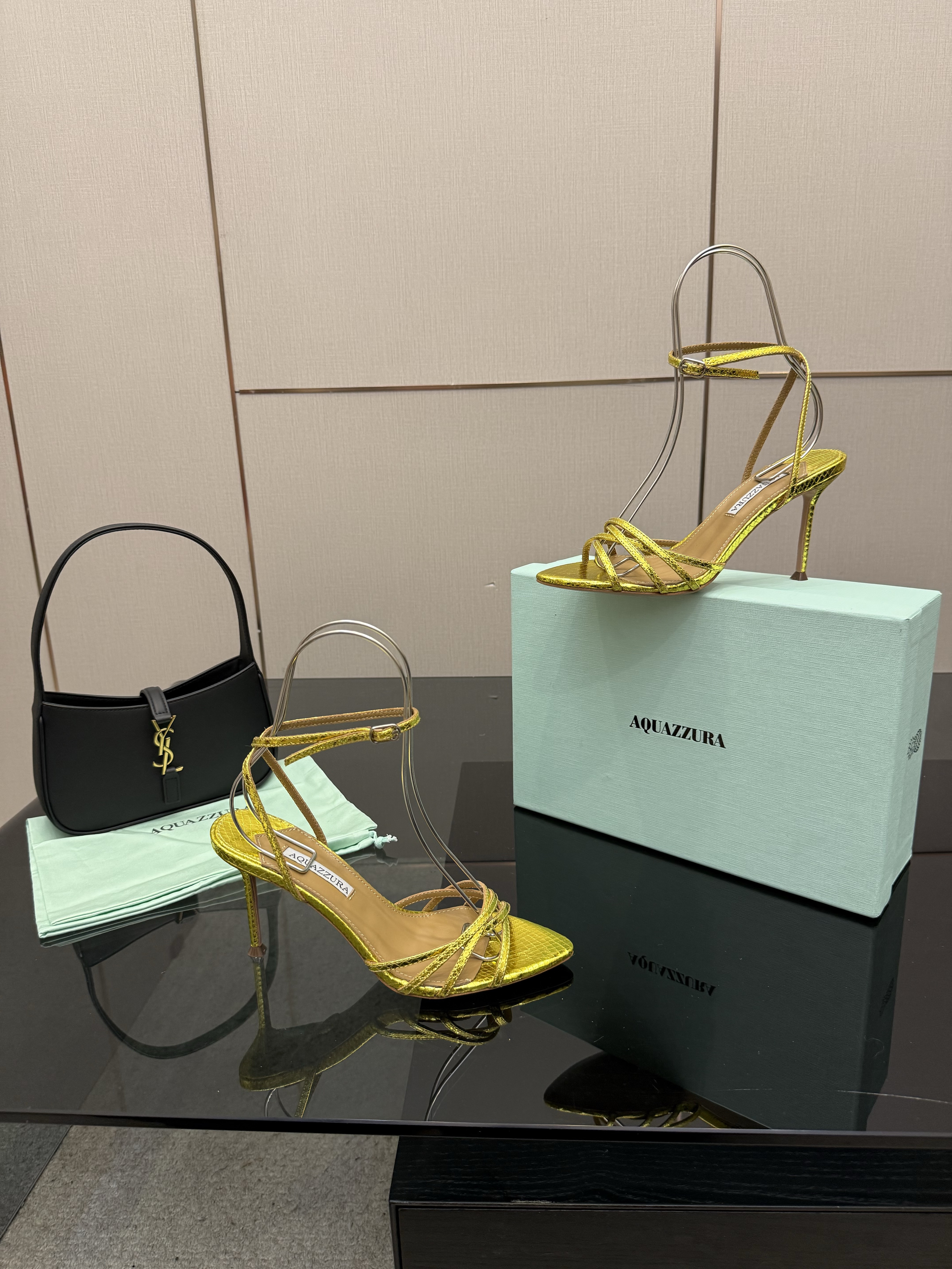 Aquazzura Yellow Metallic Strappy Stiletto Heels