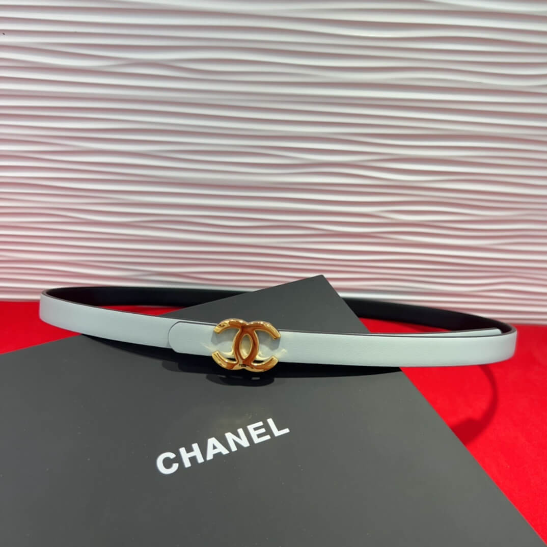 Chanel CC Logo Thin Leather Belt in Light Blue with Gold-Tone Hardware