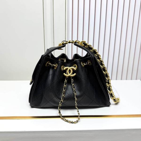 Chanel Quilted Caviar Leather Drawstring Bucket Bag in Black