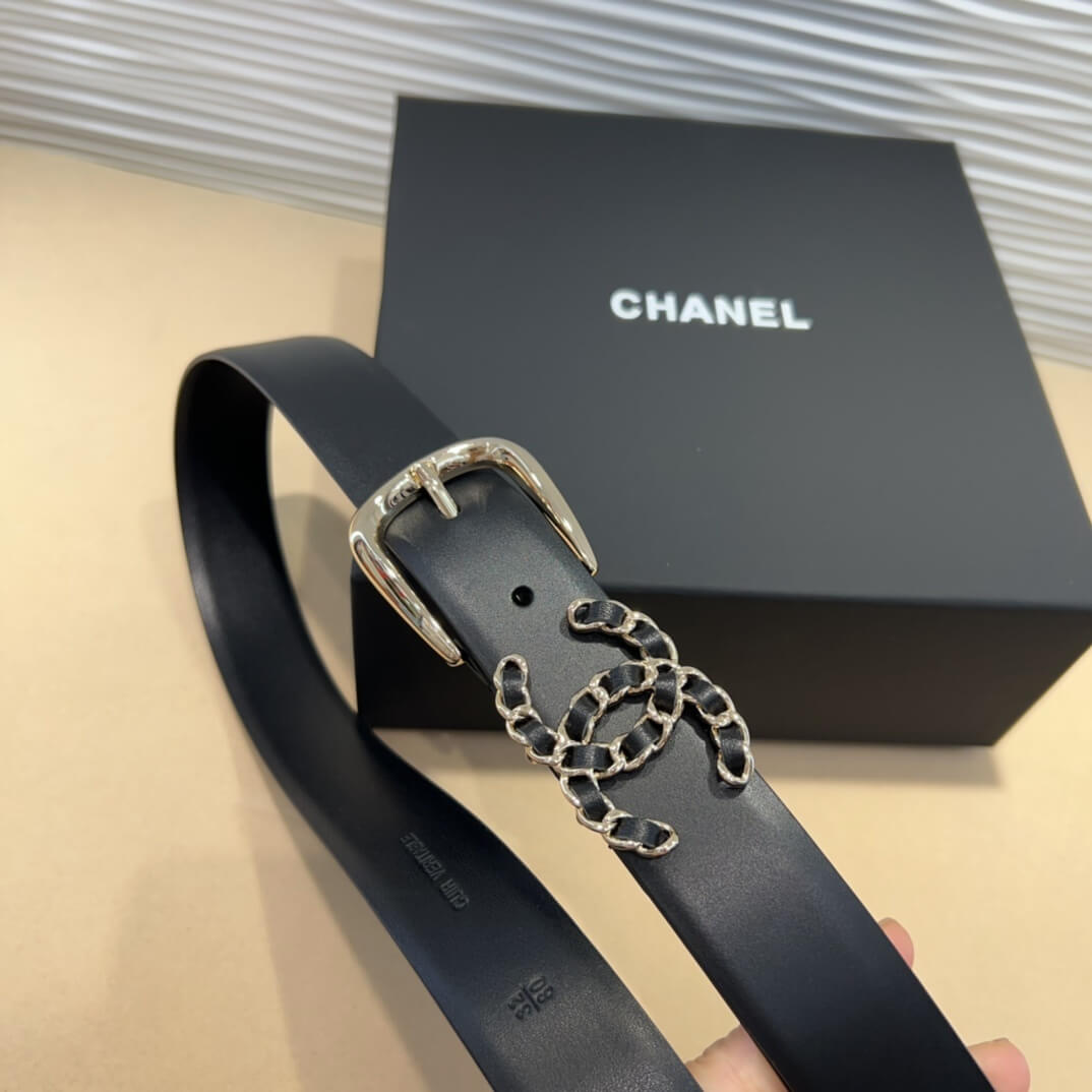 Chanel Black Leather Chain CC Logo Belt (Silver Hardware) - Image 8