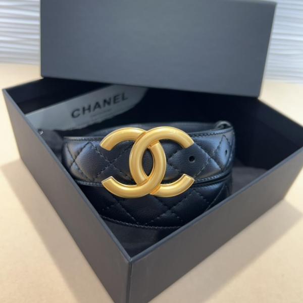 Chanel Black Quilted Lambskin Thin Belt with Gold-Tone CC Logo Buckle