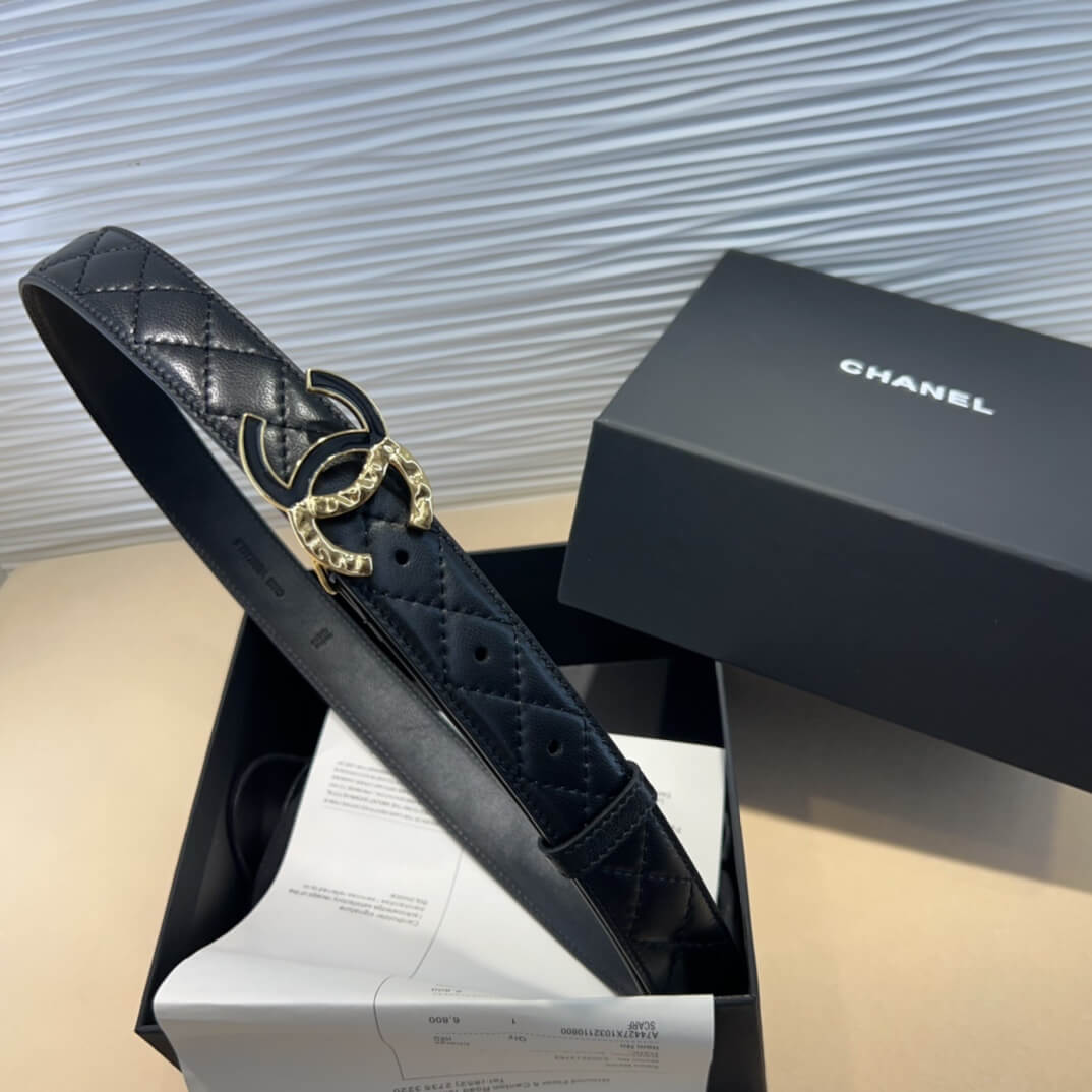 Chanel Quilted Lambskin CC Logo Belt in Black.