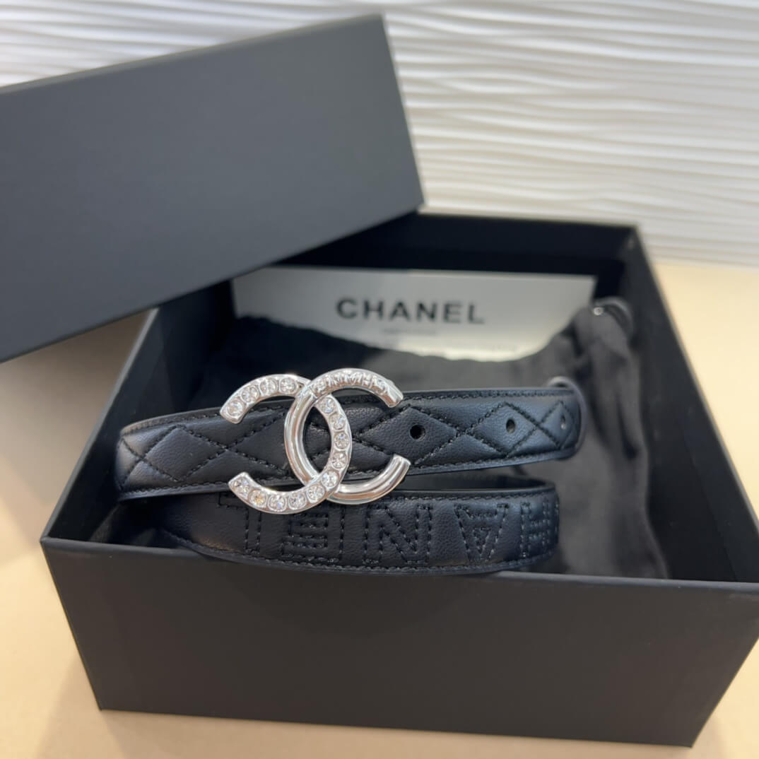 Chanel Quilted Lambskin Crystal CC Buckle Skinny Belt (Silver Hardware)