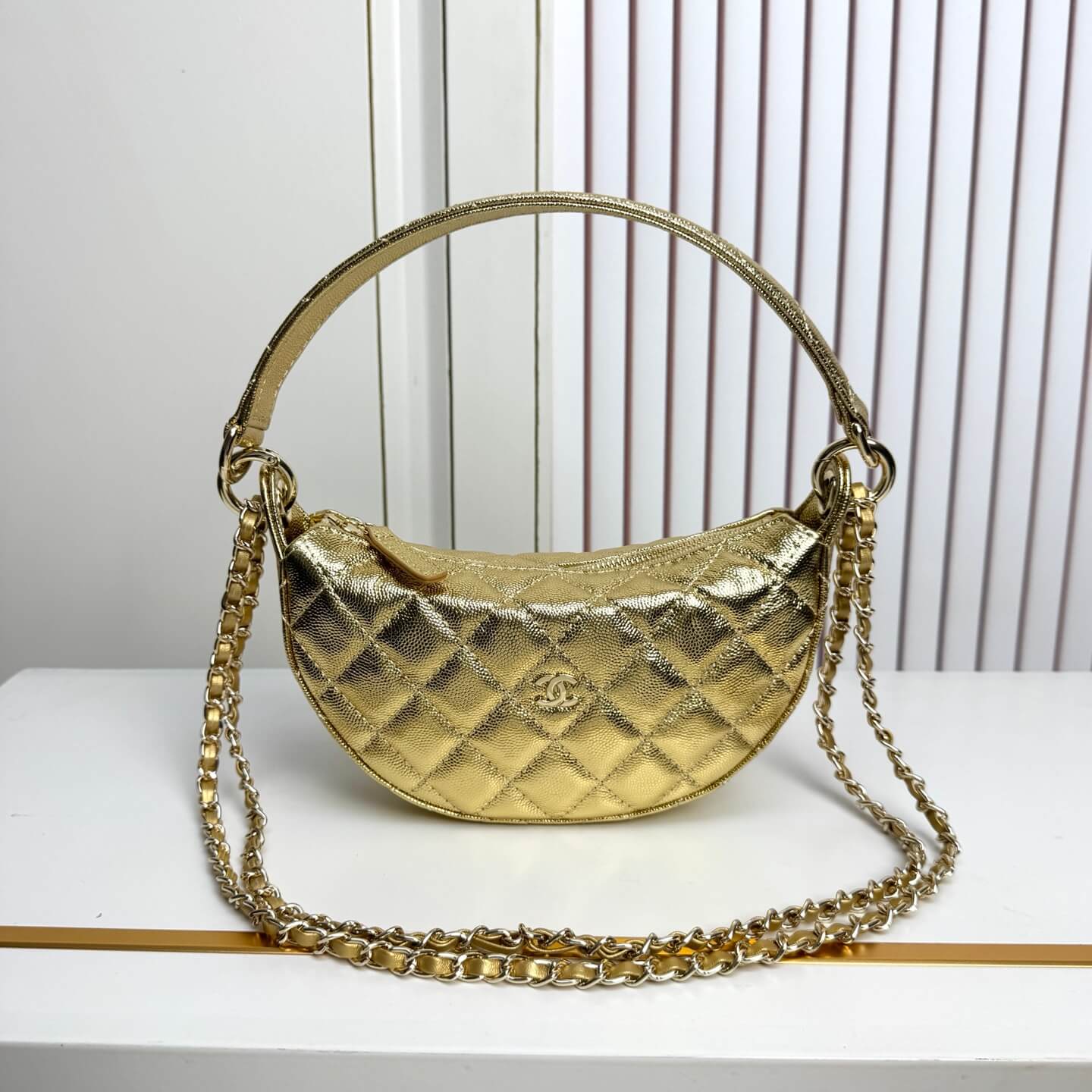 Chanel Small Hobo Bag with Chain Gold Metallic Caviar Quilted Leather