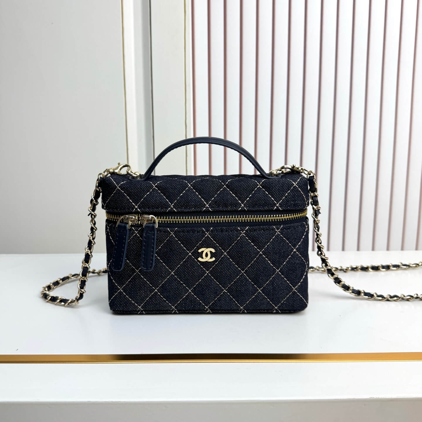 Chanel Small Vanity Case with Chain Dark Blue Denim Quilted Bag
