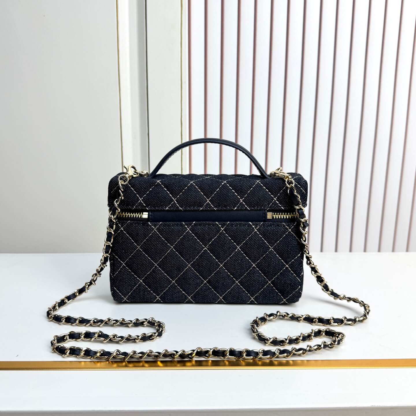 Chanel Small Vanity Case with Chain Dark Blue Denim Quilted Bag - Image 3