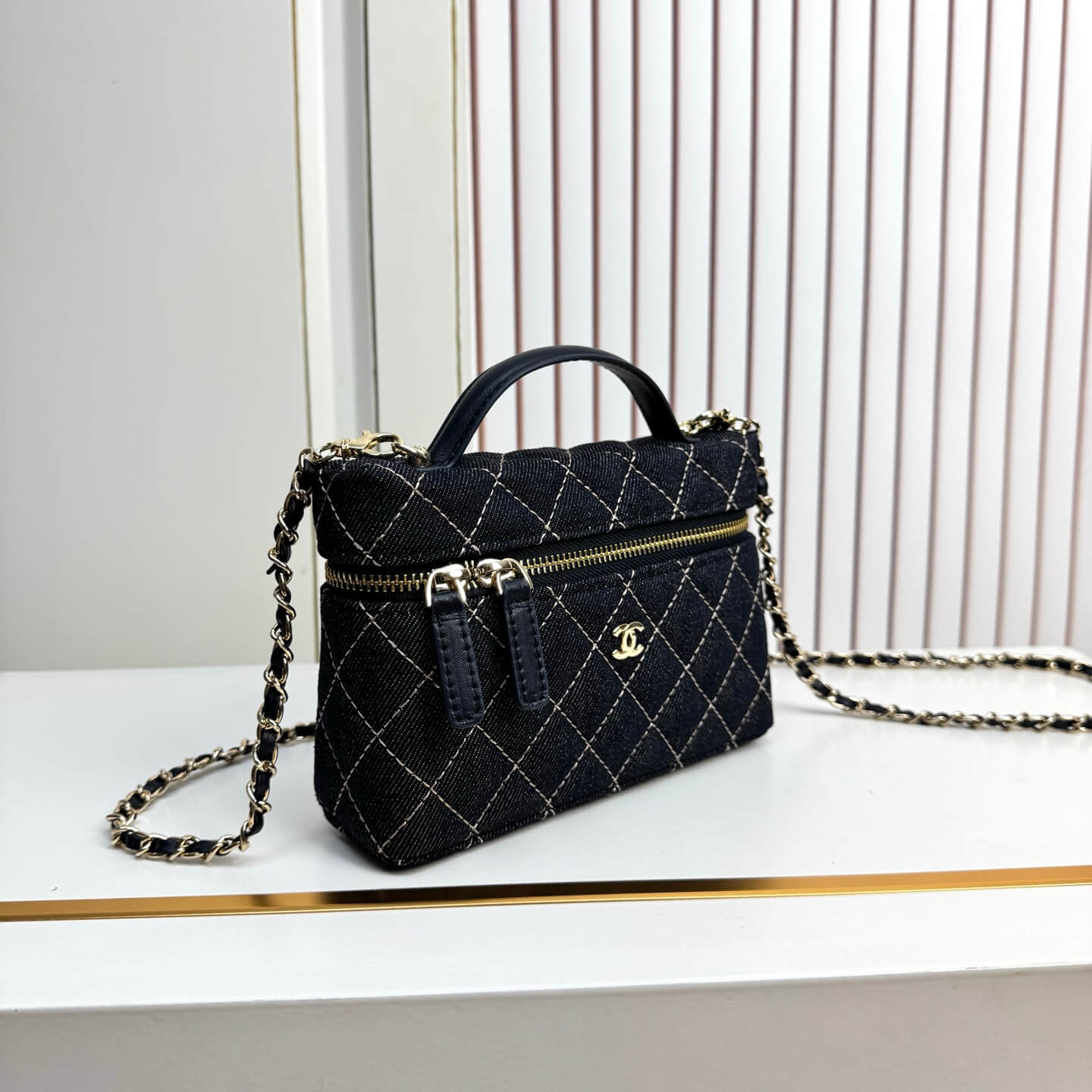 Chanel Small Vanity Case with Chain Dark Blue Denim Quilted Bag - Image 5