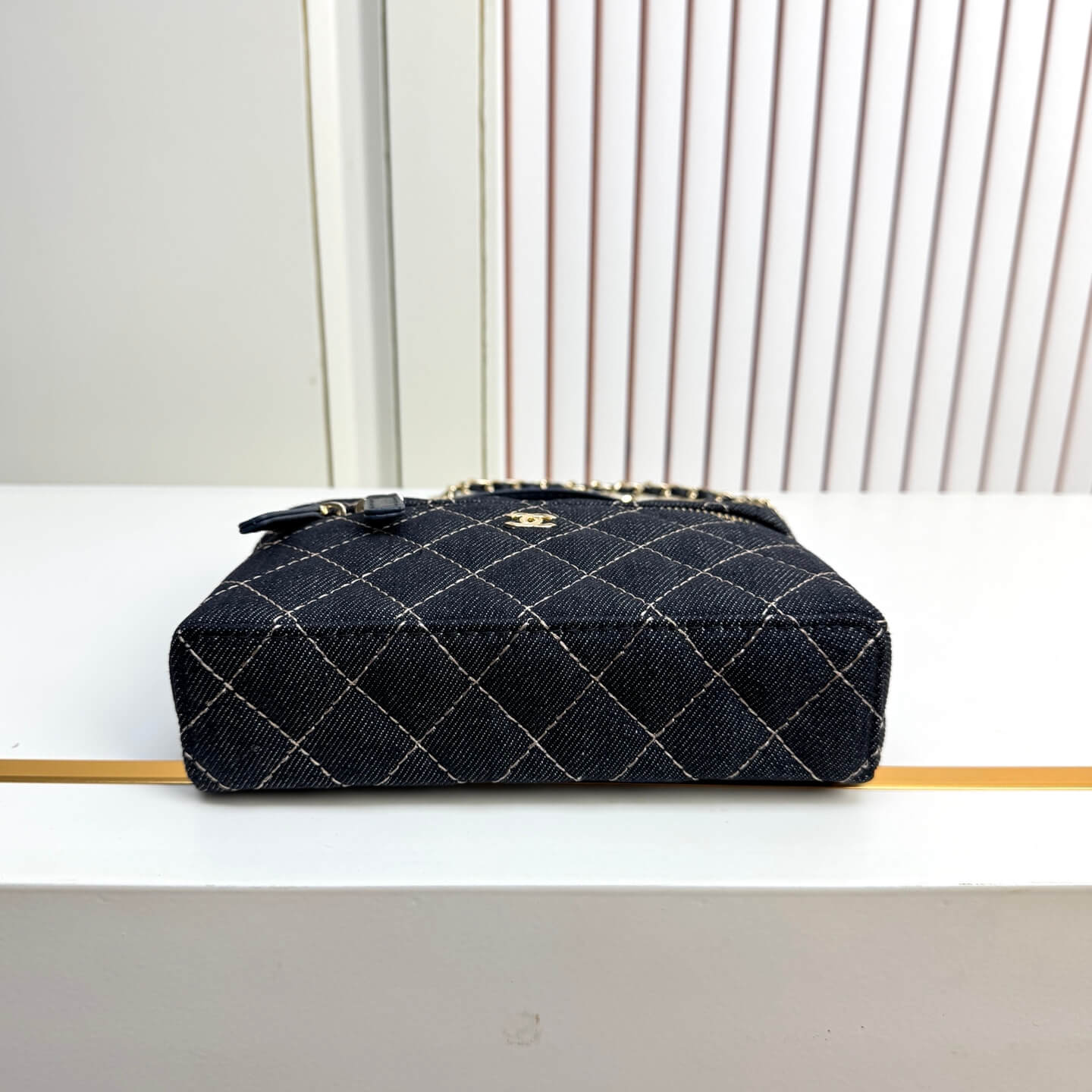 Chanel Small Vanity Case with Chain Dark Blue Denim Quilted Bag - Image 6