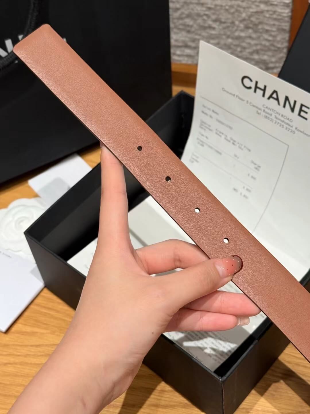 Chanel Tan Calfskin Leather Belt with Silver-Tone CC Buckle and Contrast Keeper. - Image 2
