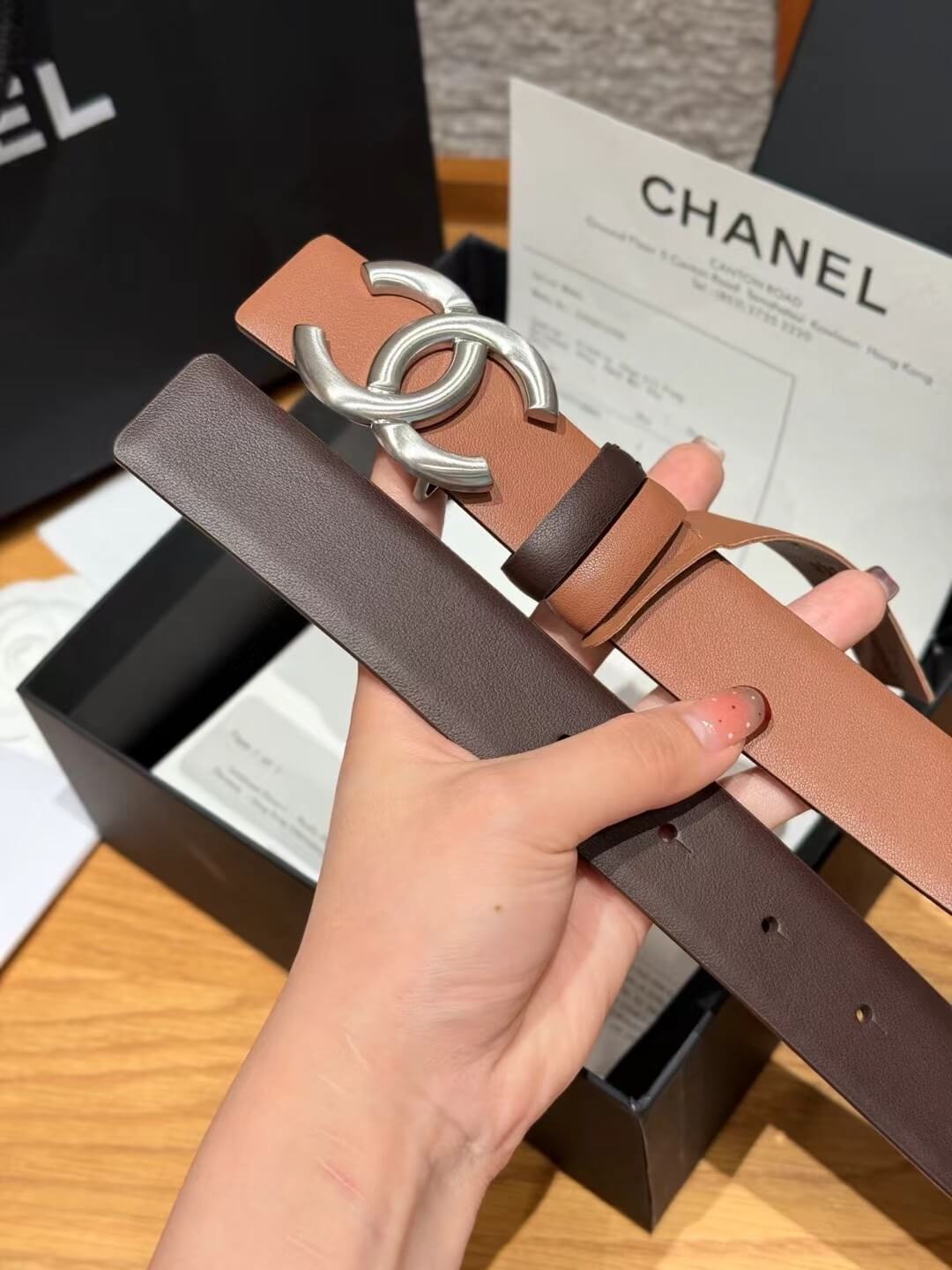 Chanel Tan Calfskin Leather Belt with Silver-Tone CC Buckle and Contrast Keeper. - Image 3