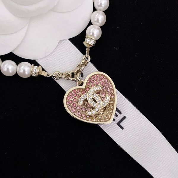 Chanel Heart CC Pendant Necklace in Gold with Pink Rhinestones & White Pearls