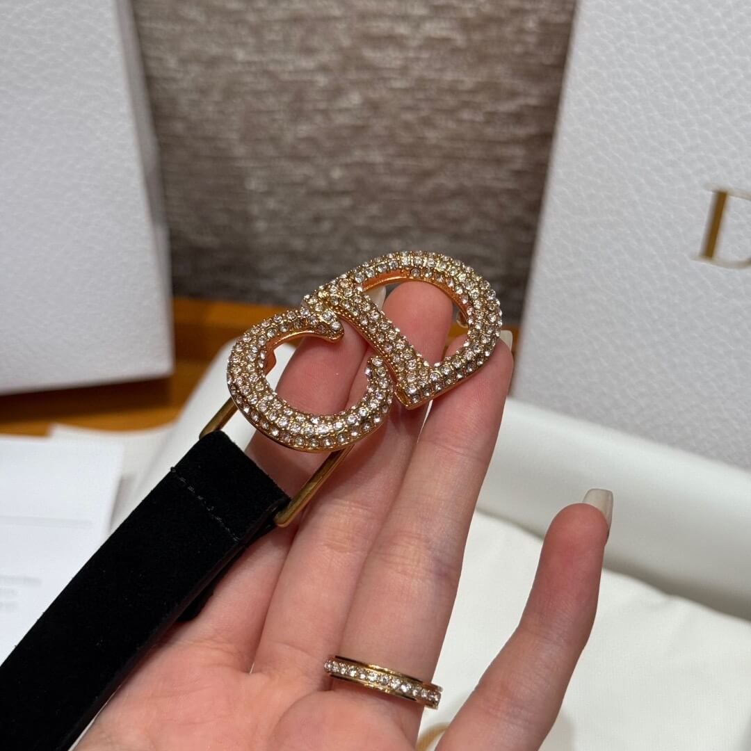 Dior 30 Montaigne Black Velvet Belt with Crystal Buckle