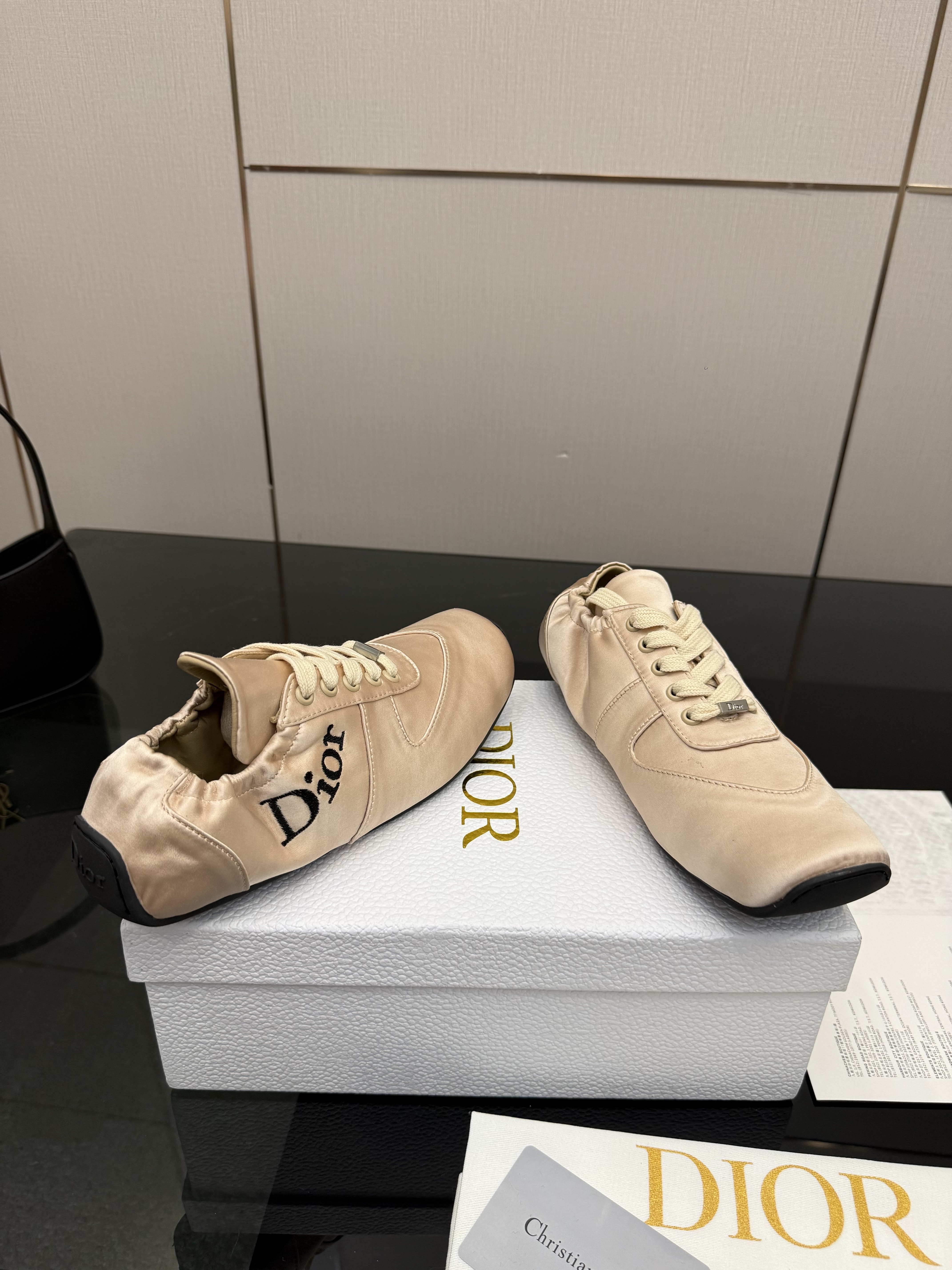 Dior Beige Satin Low-Top Lace-Up Sneakers