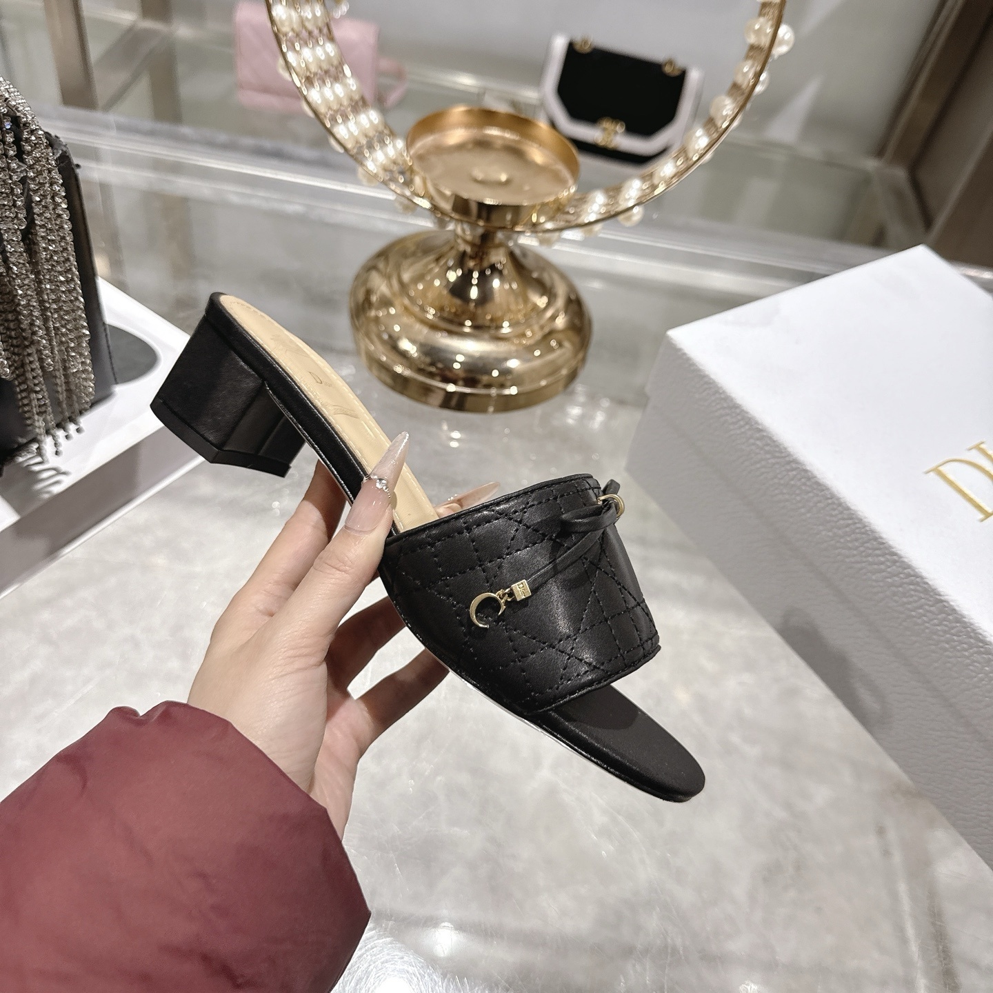 Dior Black Quilted Leather Slide Sandals - Image 5
