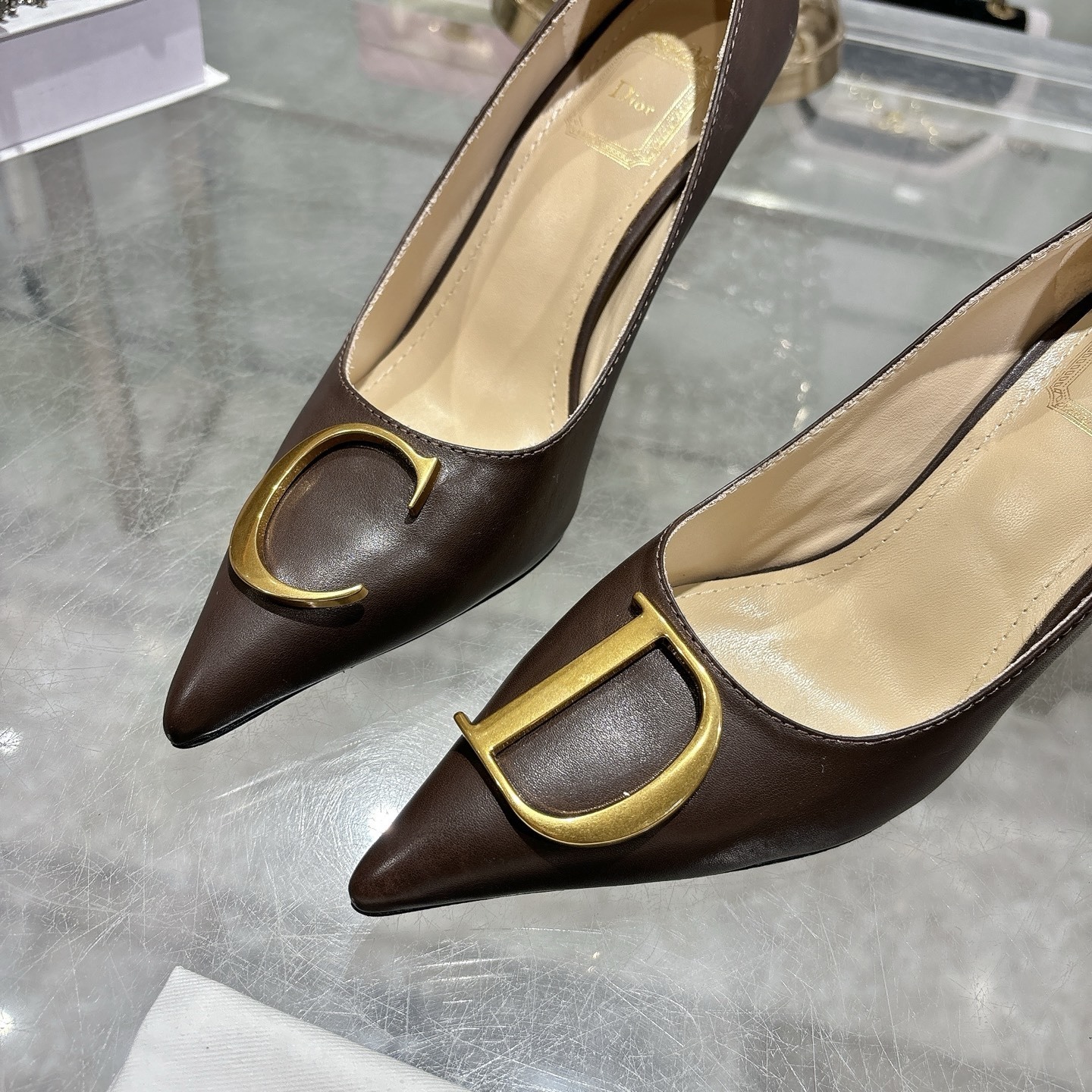 Dior Brown Leather CD Logo Pointed Pumps - Image 8