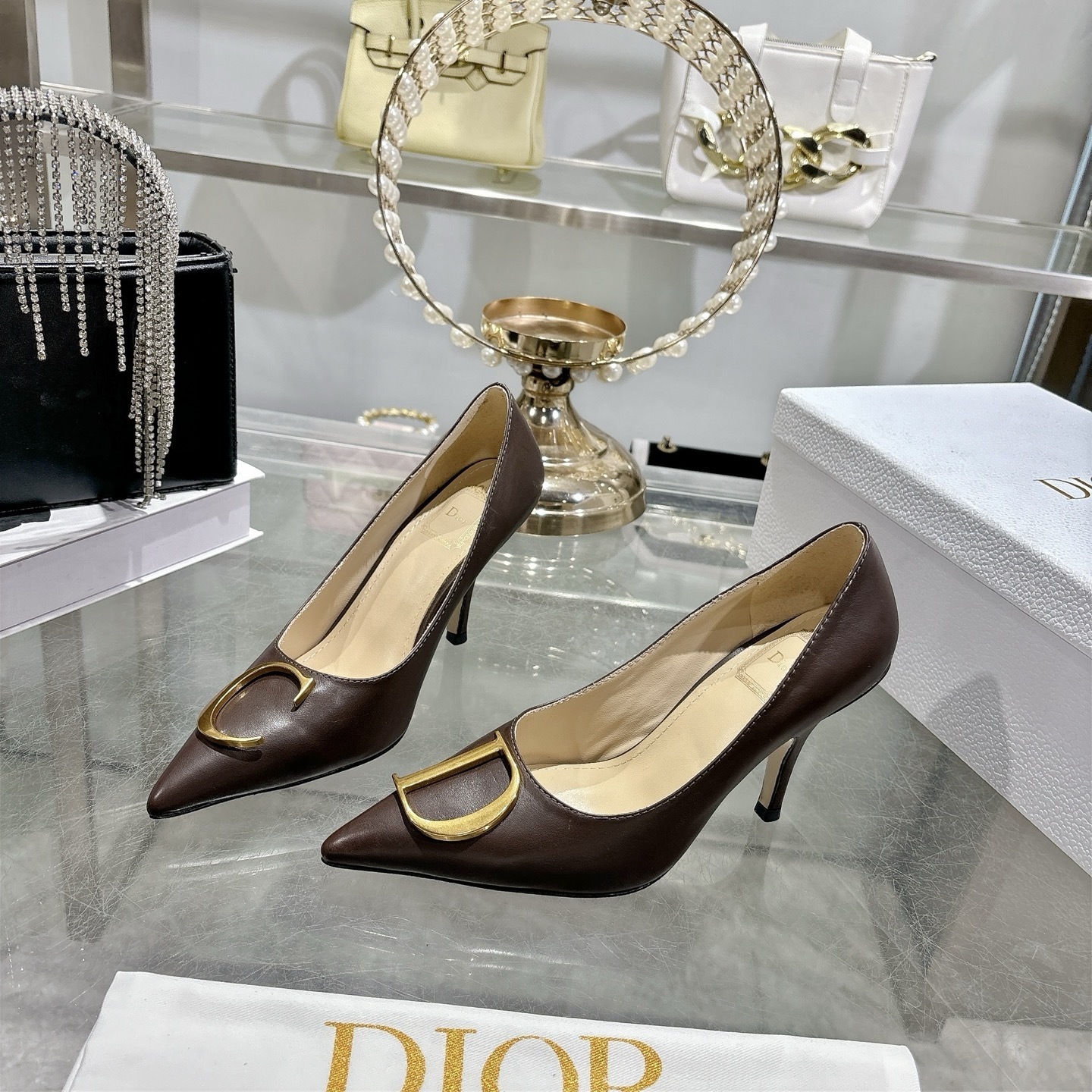 Dior Brown Leather CD Logo Pointed Pumps - Image 5