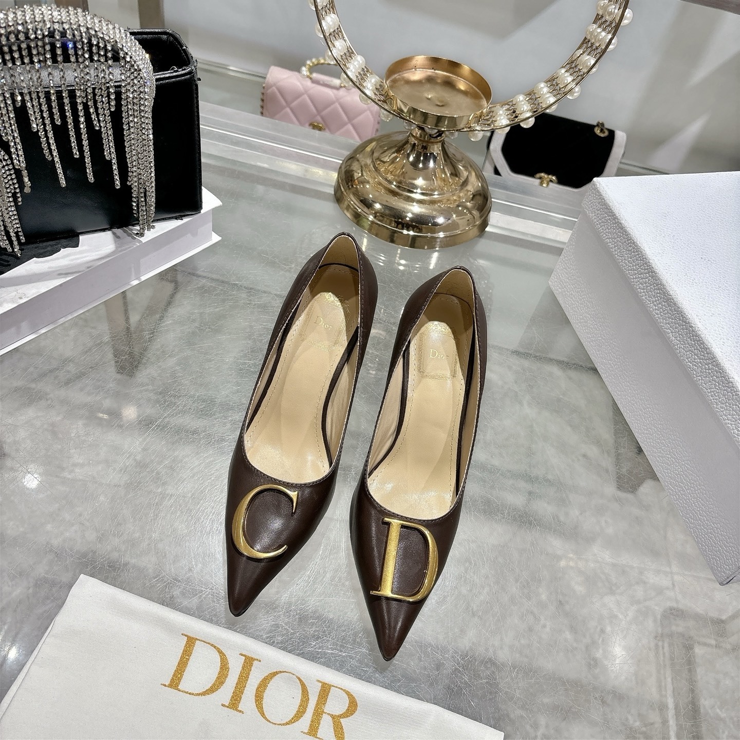 Dior Brown Leather CD Logo Pointed Pumps - Image 3
