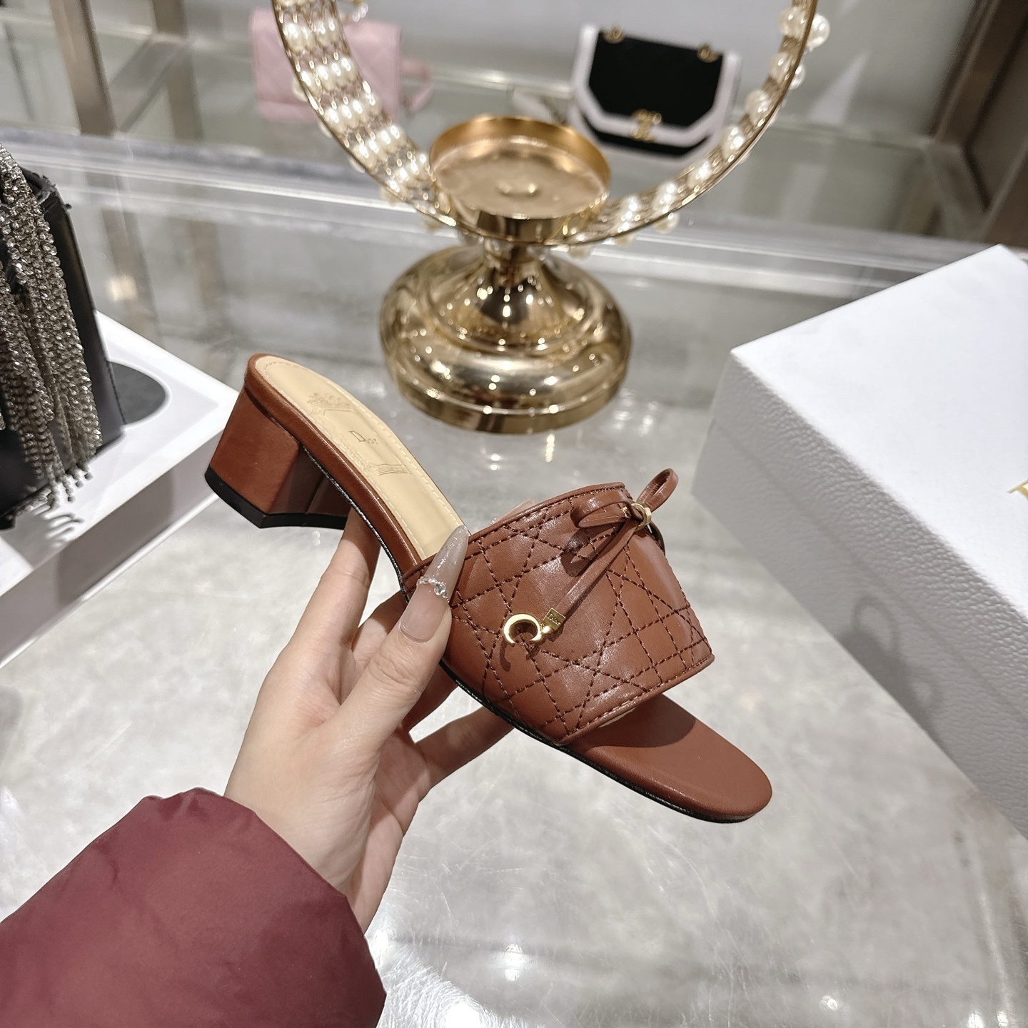 Dior Brown Quilted Leather Slide Sandals - Image 6