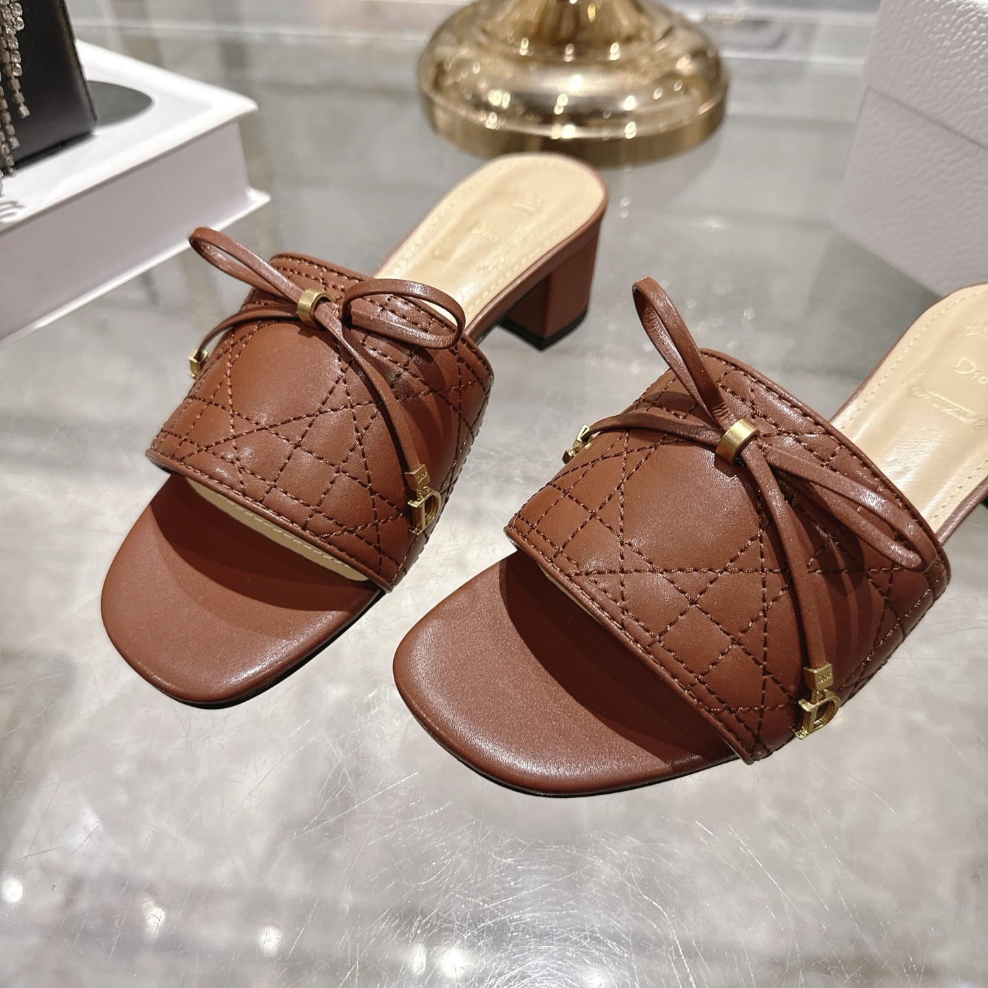 Dior Brown Quilted Leather Slide Sandals - Image 8