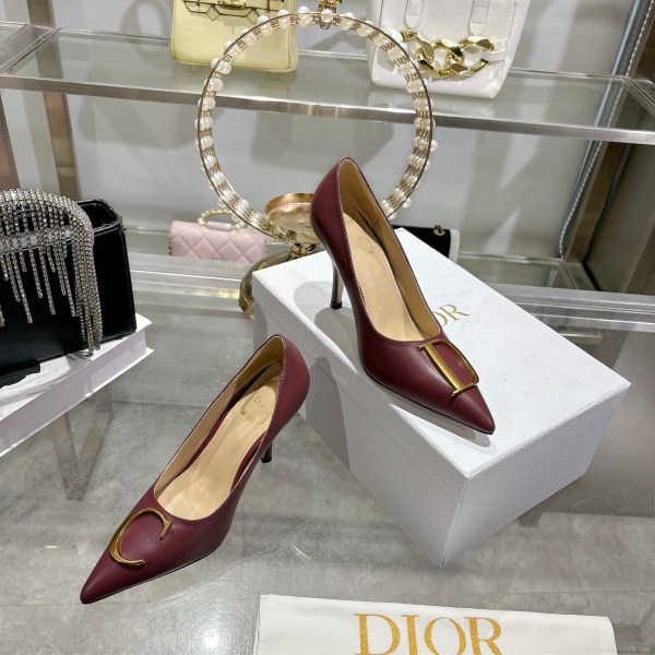 Dior Burgundy Leather CD Logo Pointed Pumps