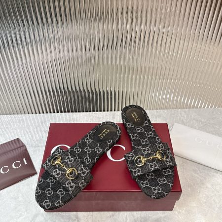 Gucci Black GG Monogram Horsebit Slide Sandals