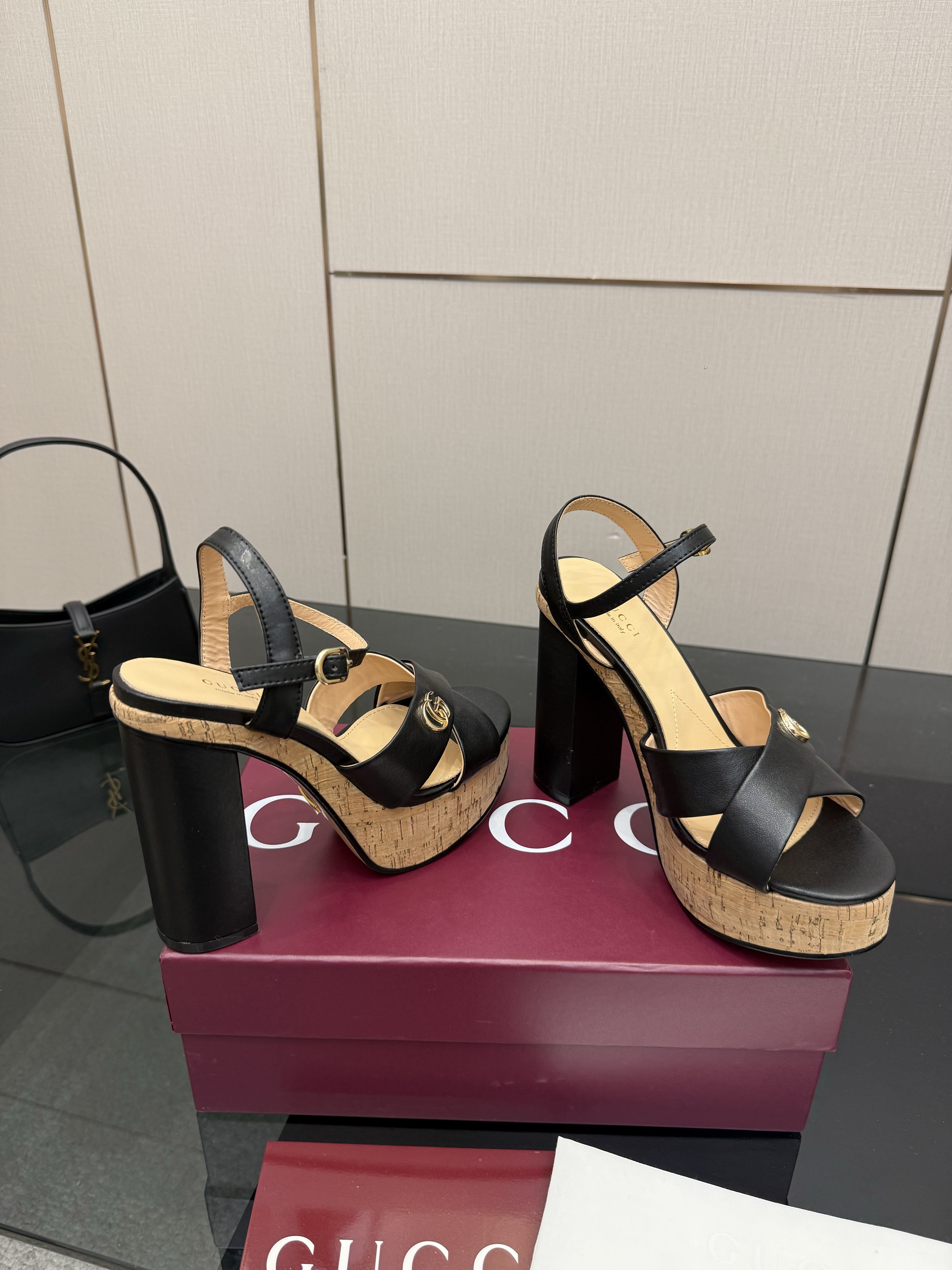 Gucci Black Leather Cork Platform Block Heel Sandals
