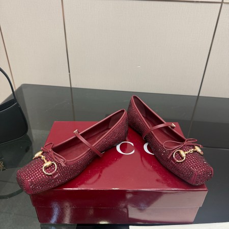Gucci Burgundy Crystal Horsebit Ballet Flats