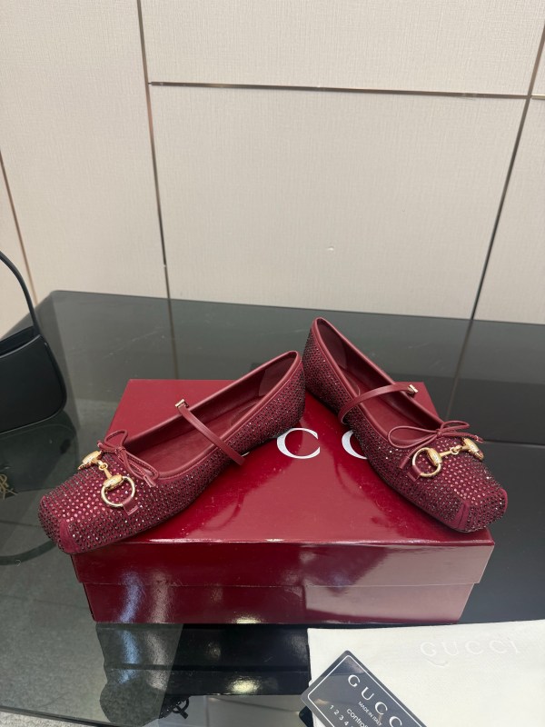 Gucci Burgundy Crystal Horsebit Ballet Flats