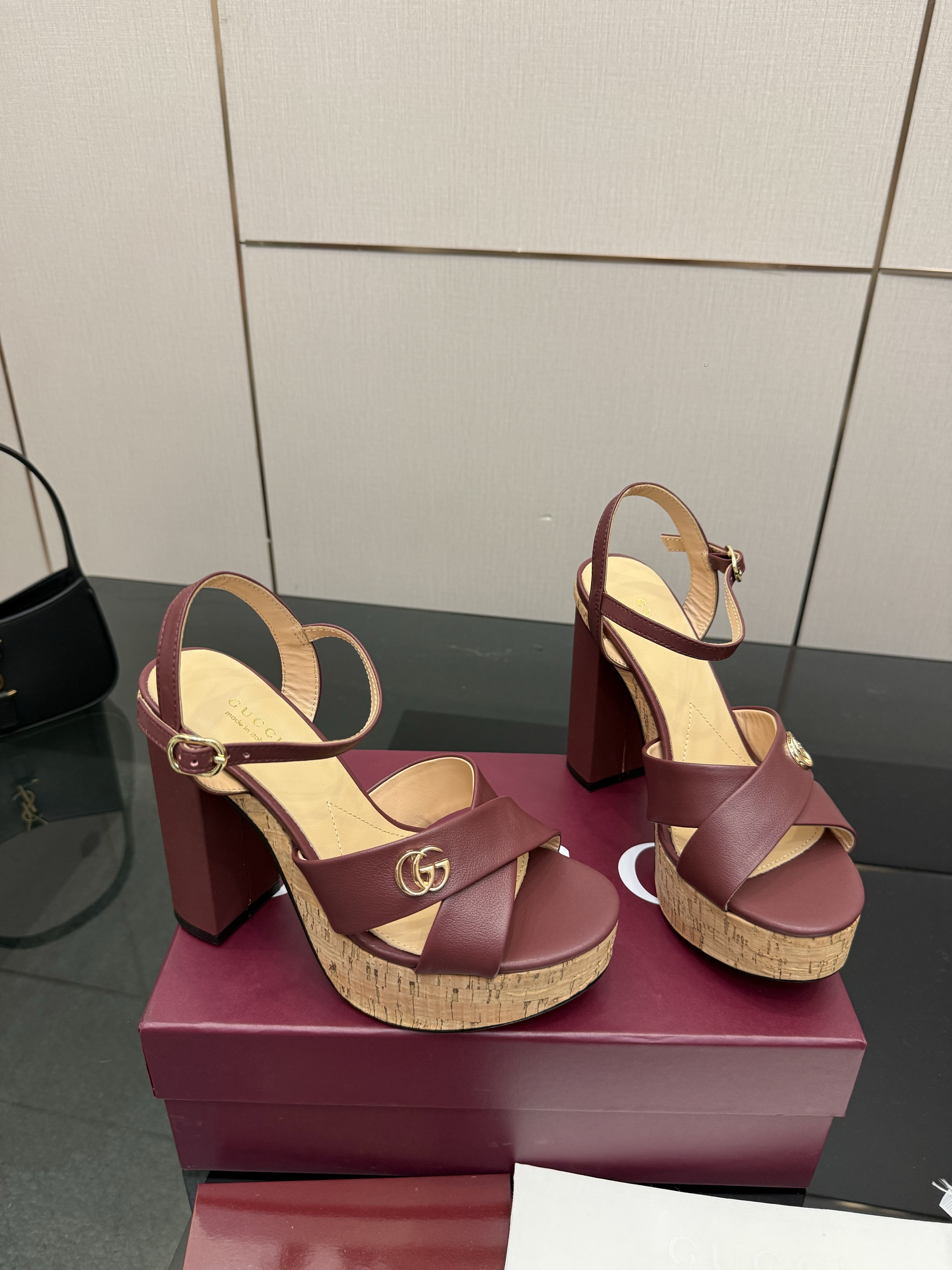 Gucci Burgundy Leather Cork Platform Block Heel Sandals - Image 4