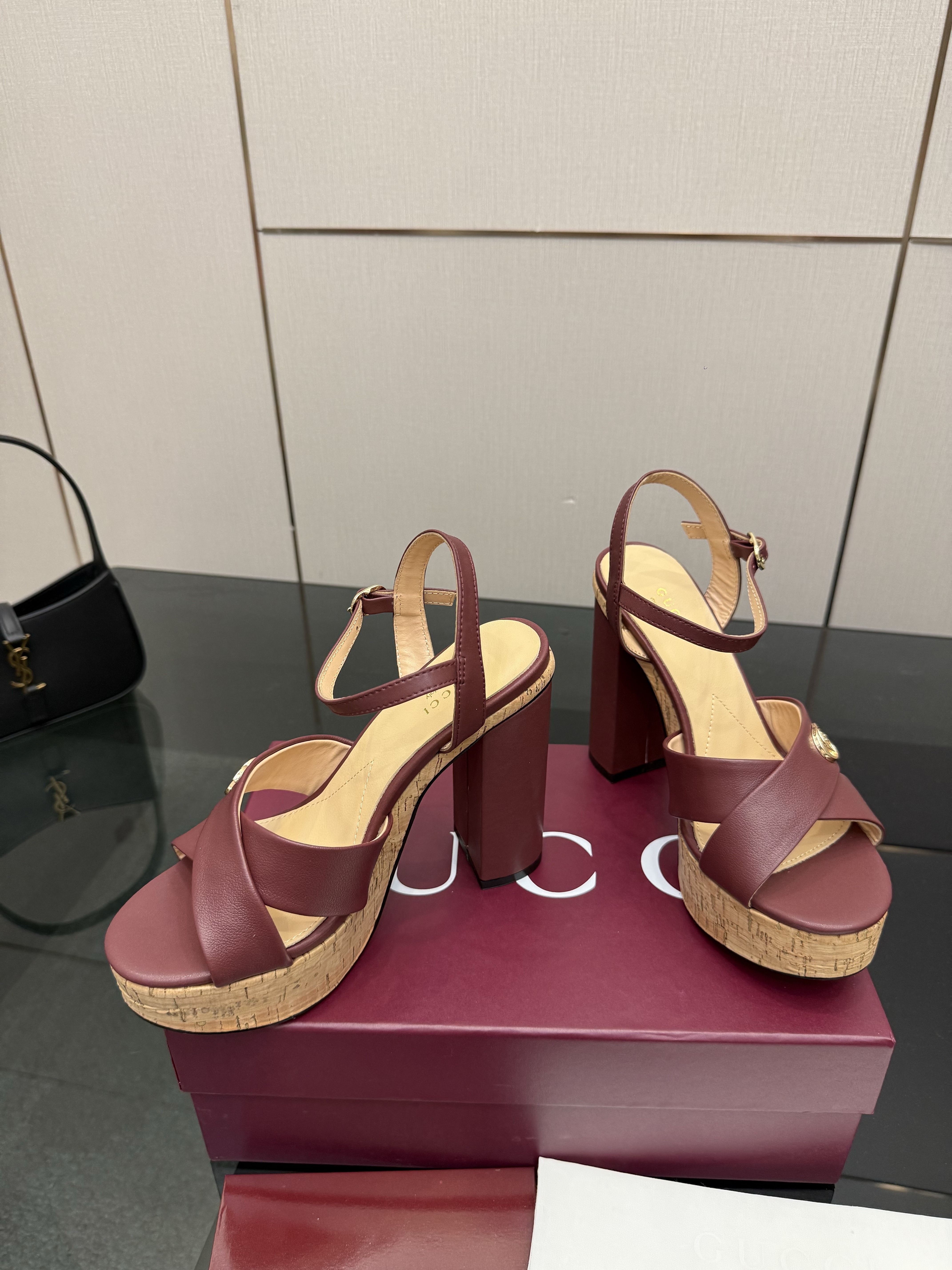 Gucci Burgundy Leather Cork Platform Block Heel Sandals - Image 5