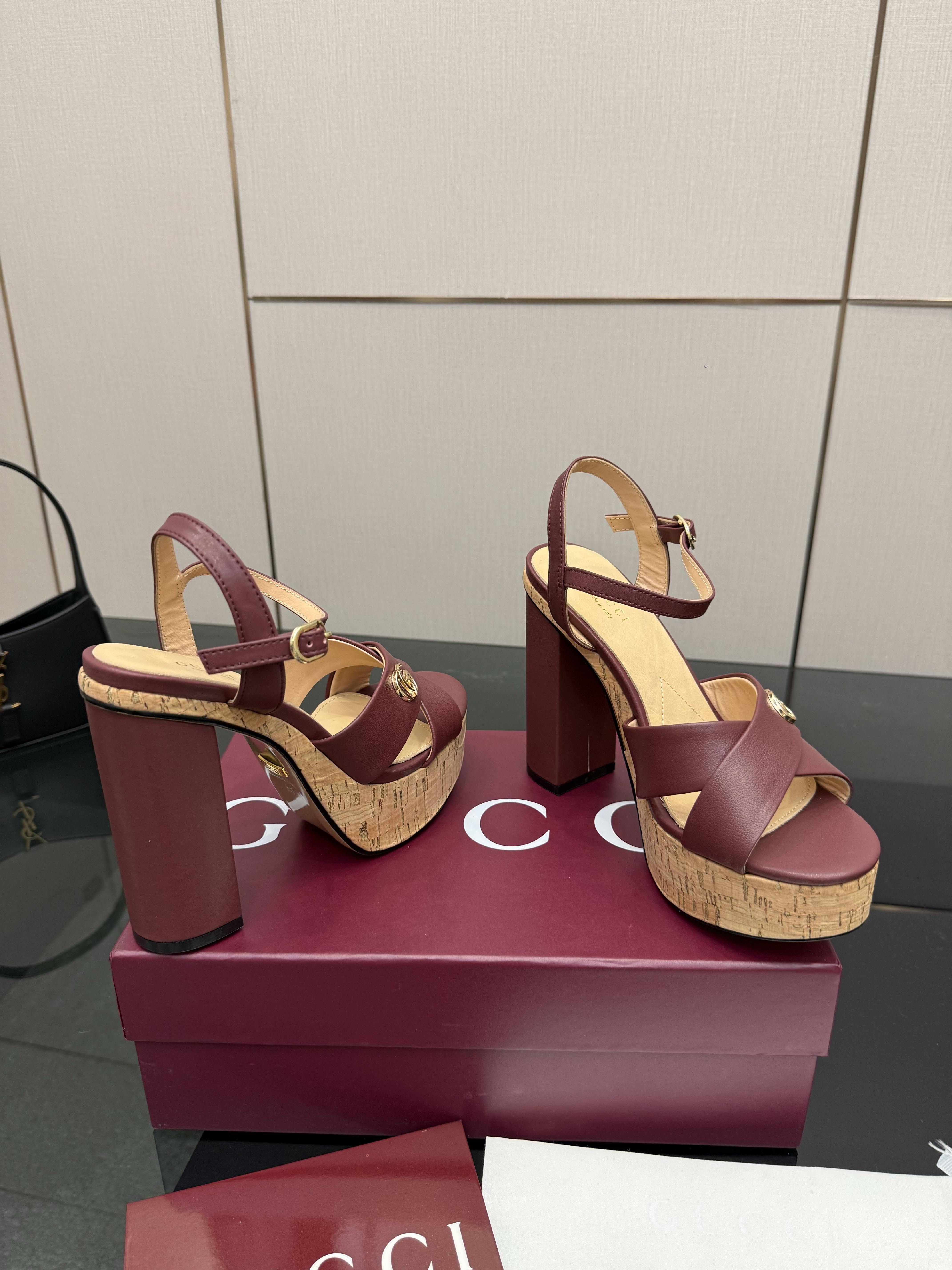 Gucci Burgundy Leather Cork Platform Block Heel Sandals