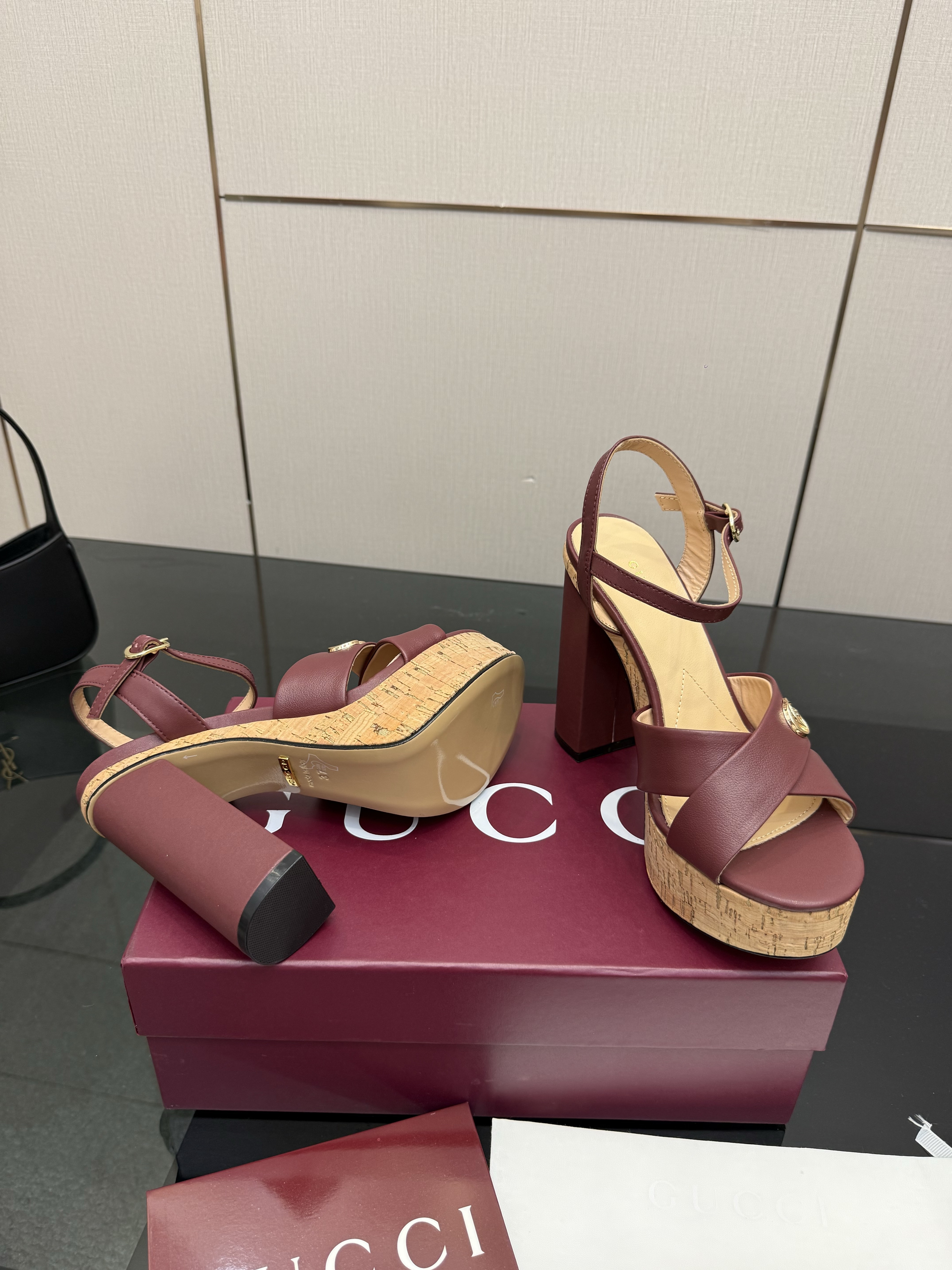 Gucci Burgundy Leather Cork Platform Block Heel Sandals - Image 6