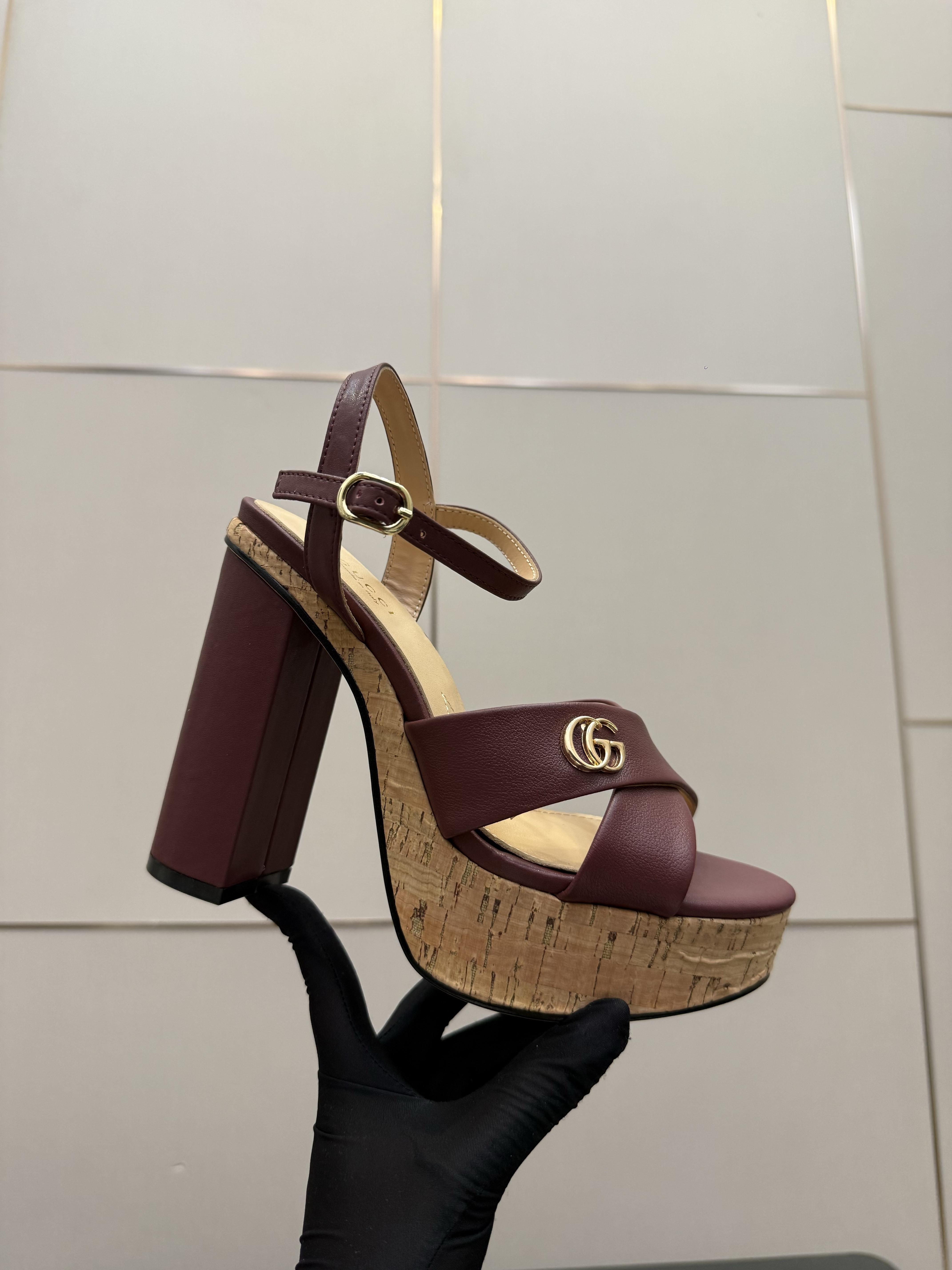 Gucci Burgundy Leather Cork Platform Block Heel Sandals - Image 8