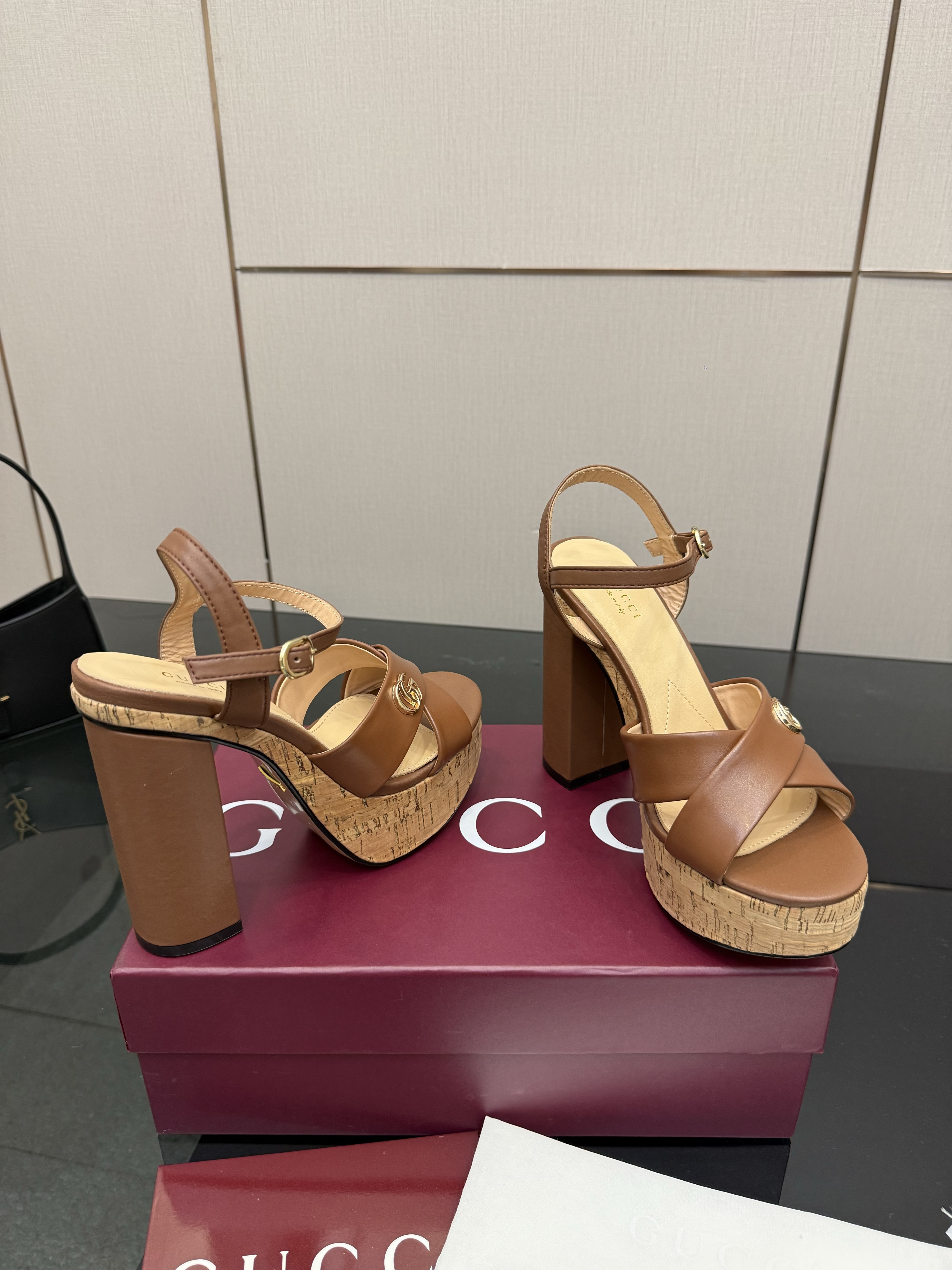 Gucci Caramel Leather Cork Platform Block Heel Sandals