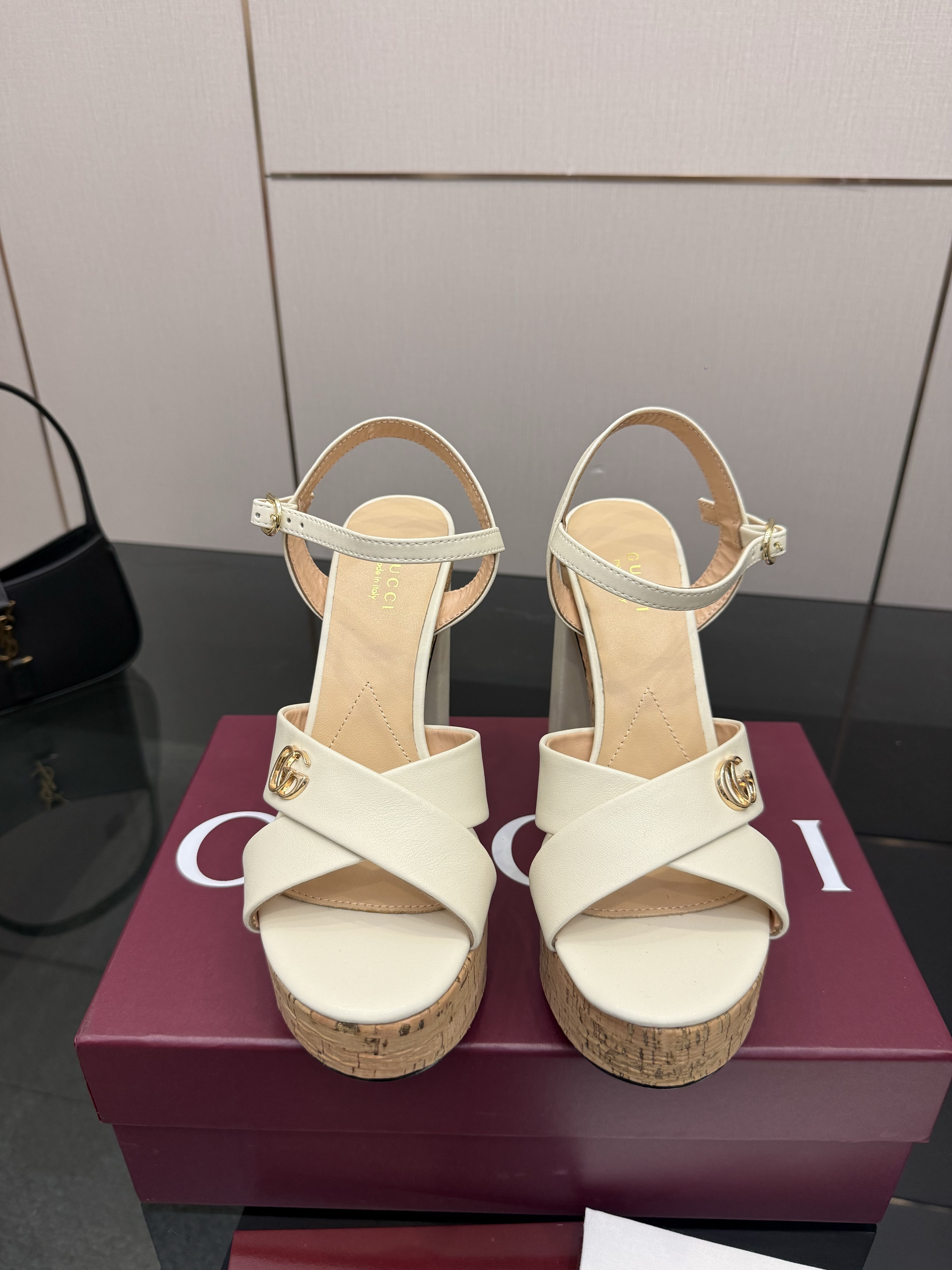 Gucci Ivory Cork Platform Block Heel Sandals