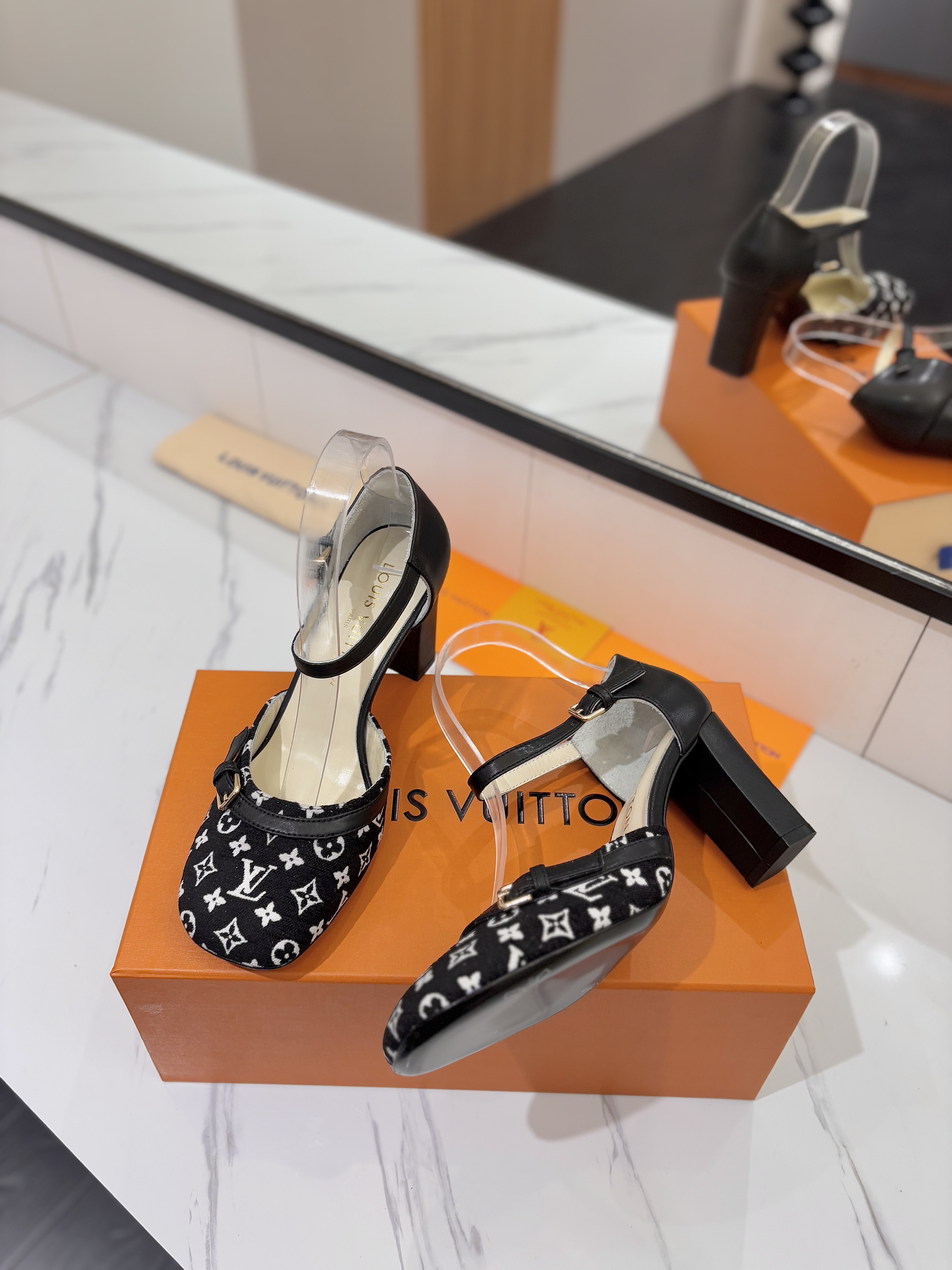 Louis Vuitton Black Monogram Canvas & Leather D’Orsay Ankle Strap Block Heels