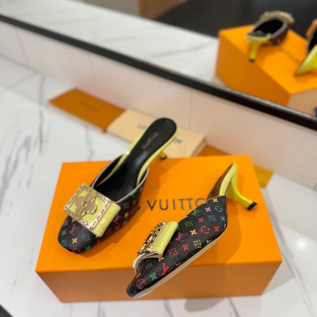 Louis Vuitton Black Multicolor Monogram Mule Heels.