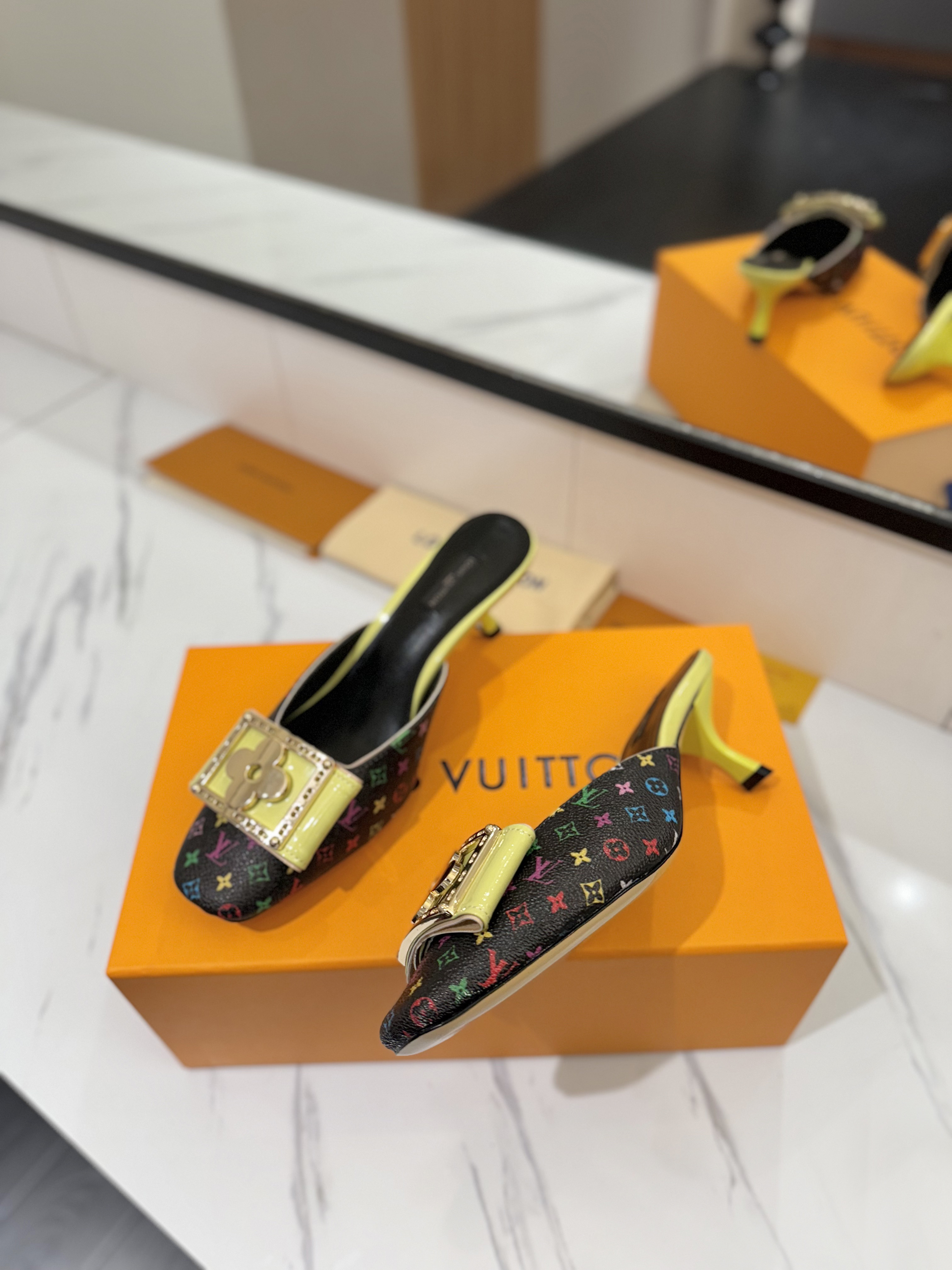 Louis Vuitton Black Multicolor Monogram Mule Heels.