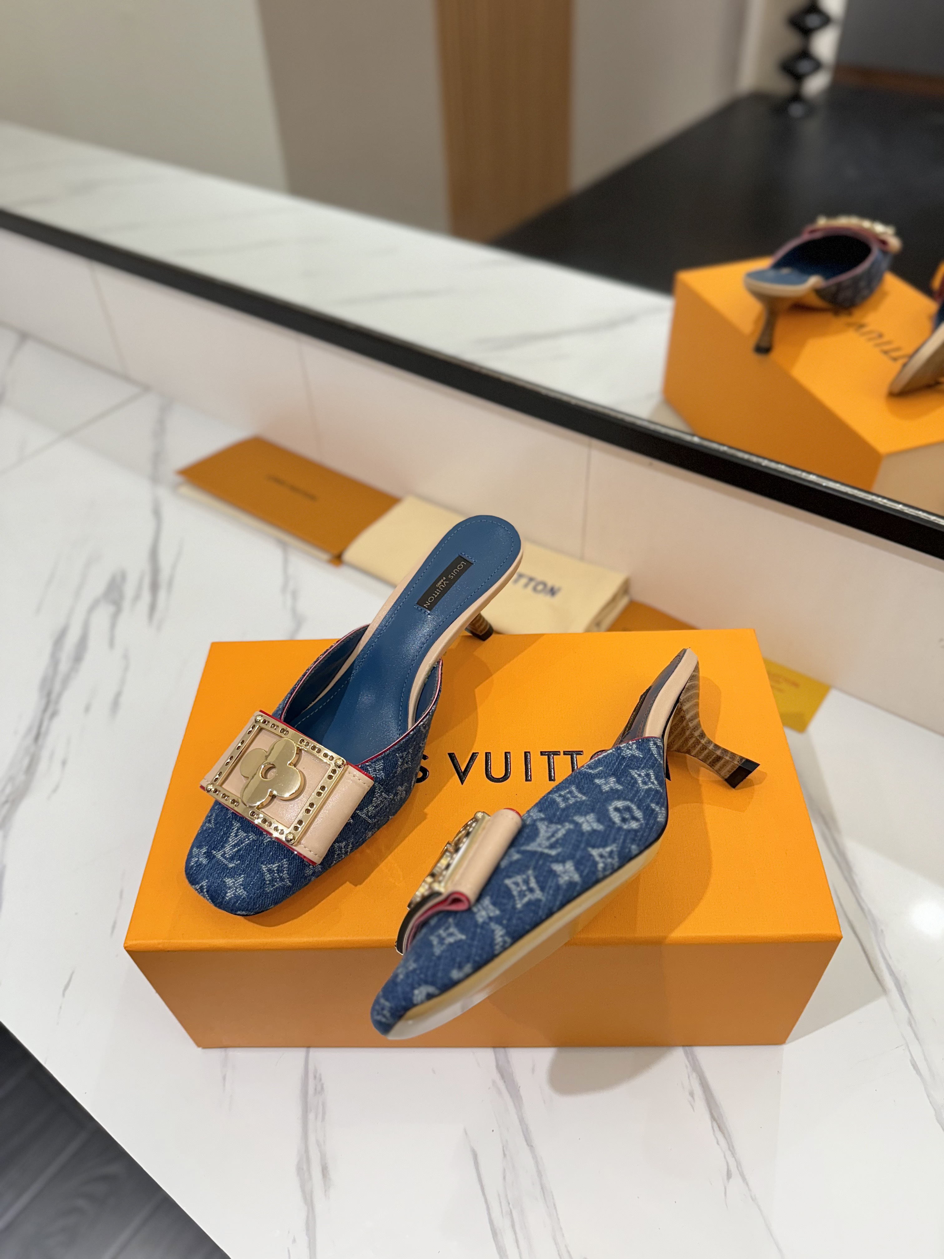 Louis Vuitton Blue Denim Monogram Mule Heels